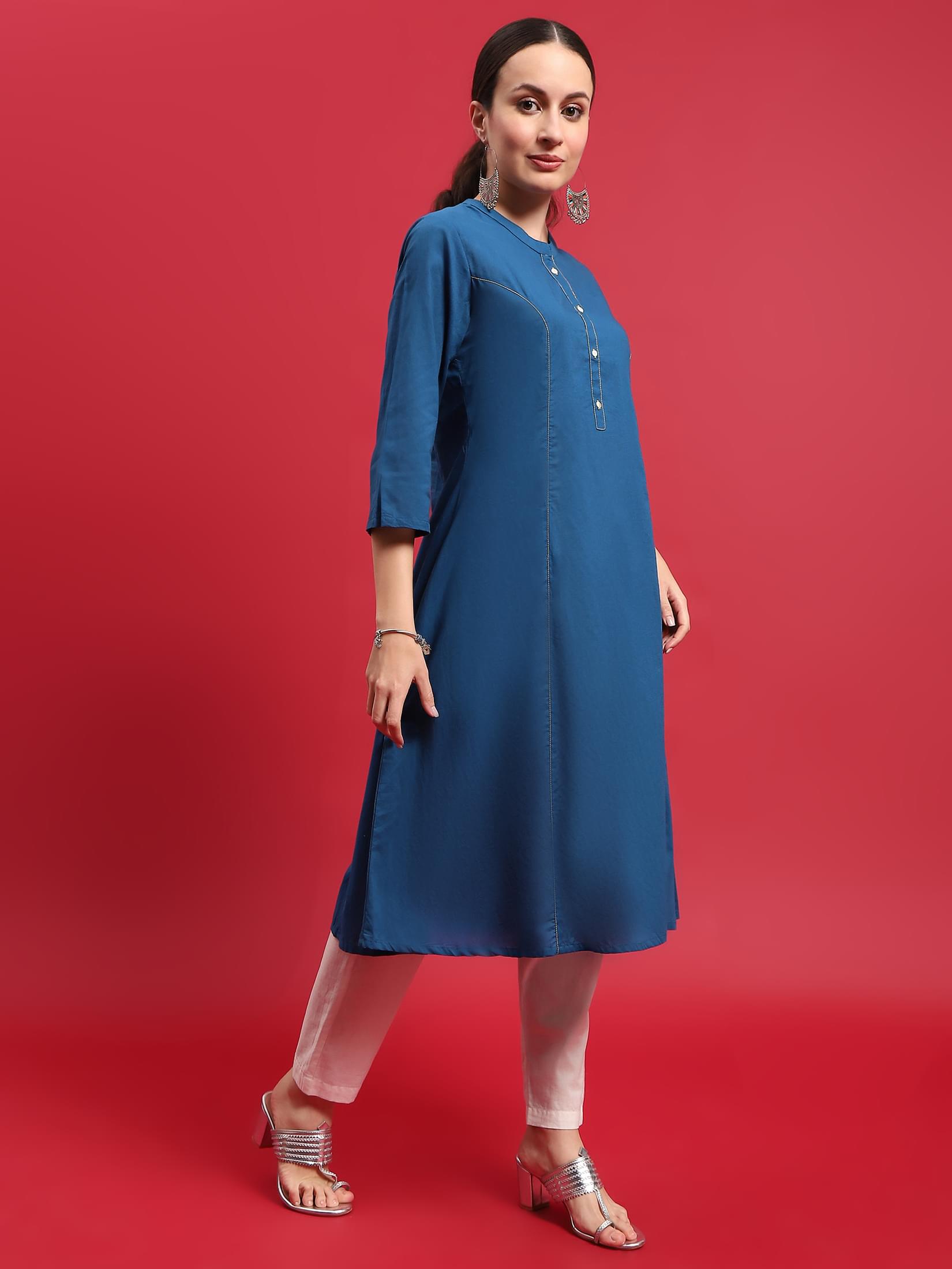 Women Cotton Blue Solid Kurta.