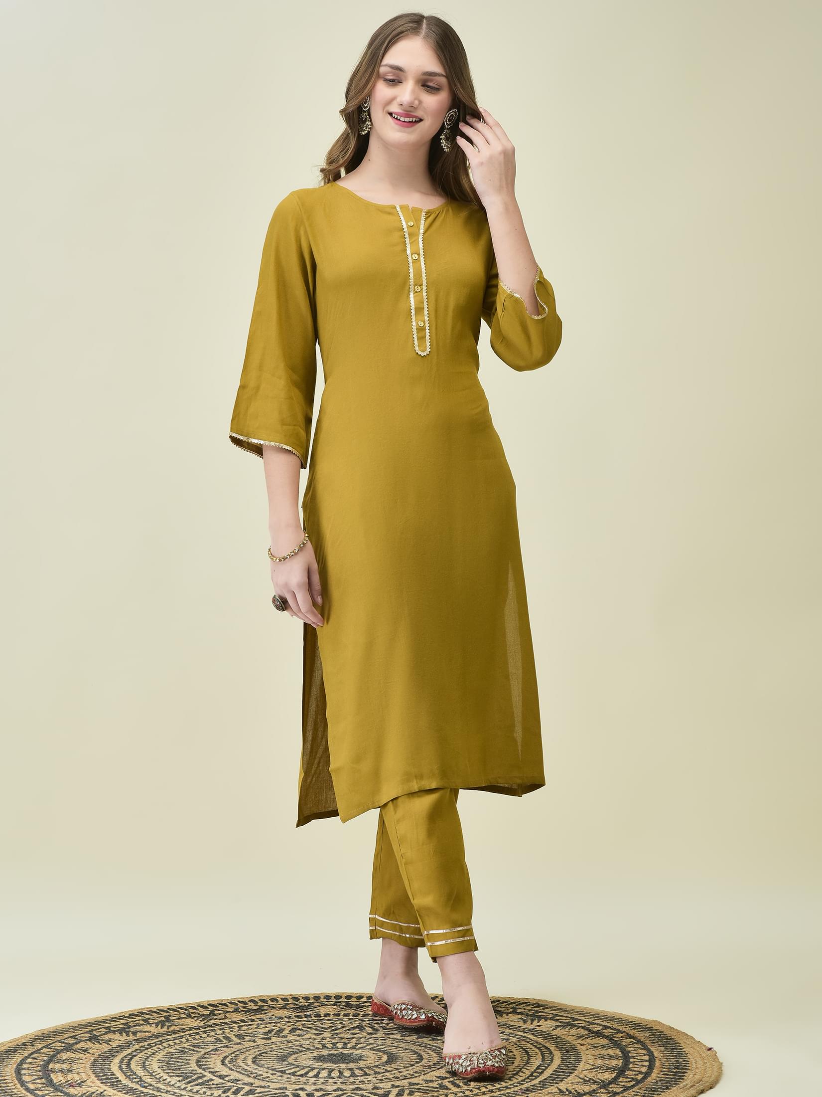 Women Liva Rayon Olive Solid Kurta Trouser Dupatta.