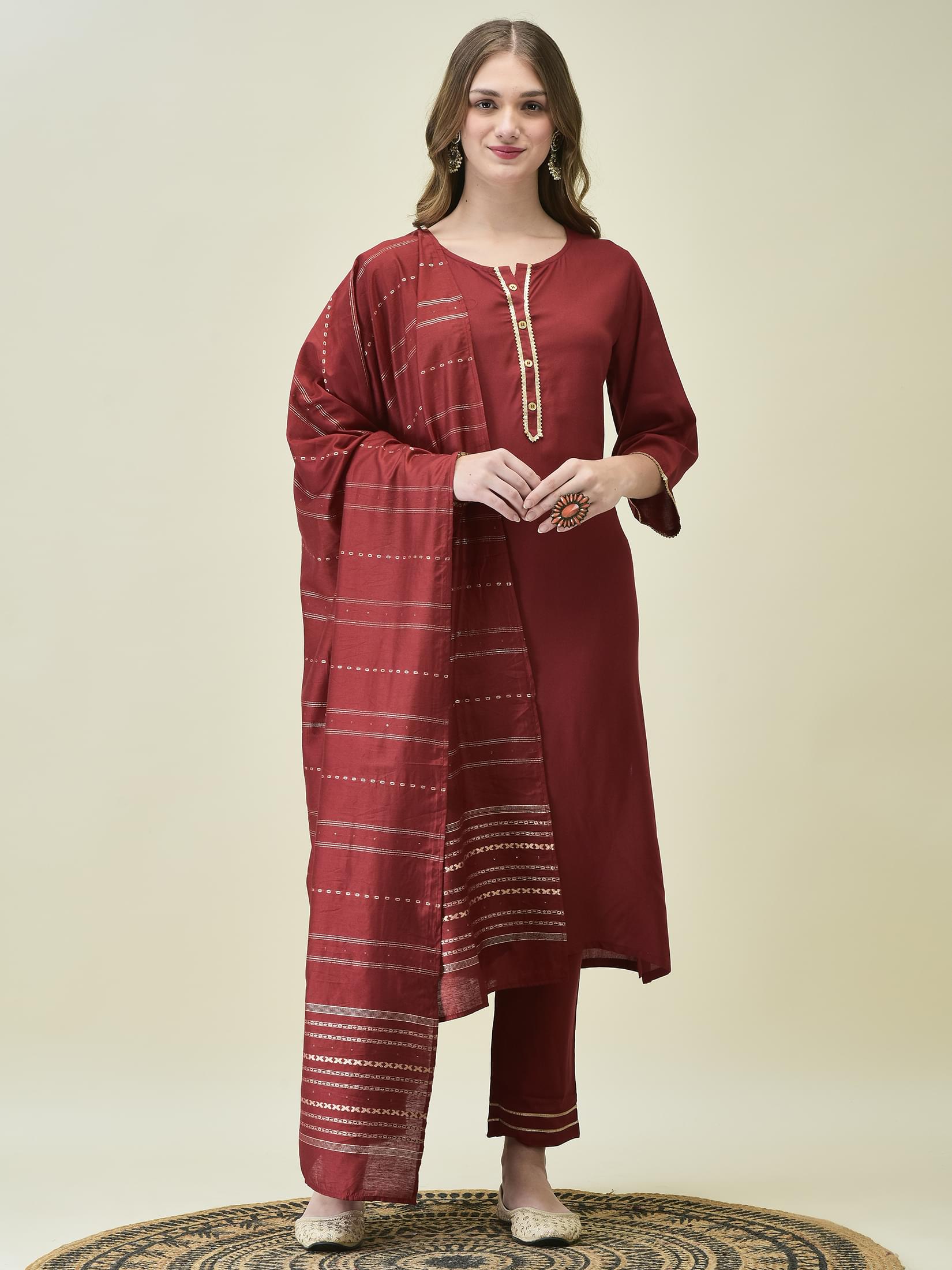 Women Liva Rayon Maroon Solid Kurta Trouser Dupatta.