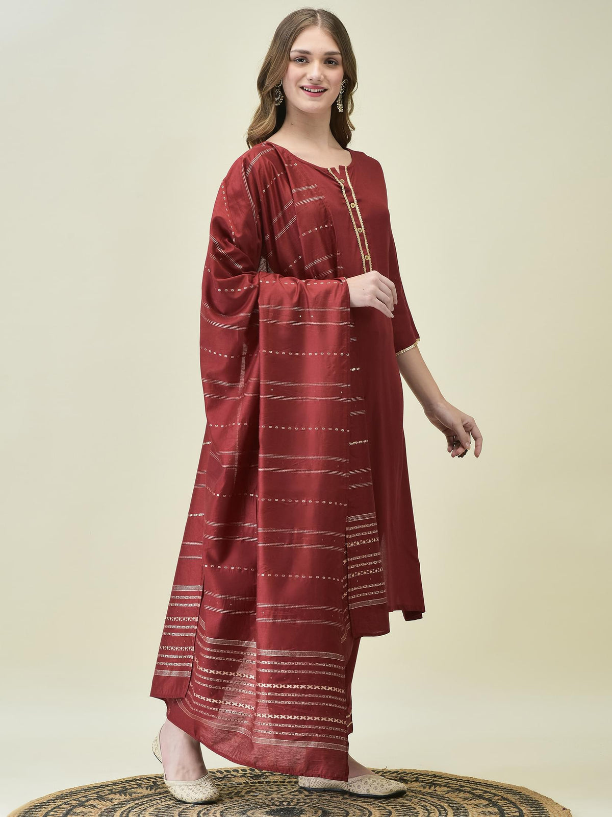 Women Liva Rayon Maroon Solid Kurta Trouser Dupatta.