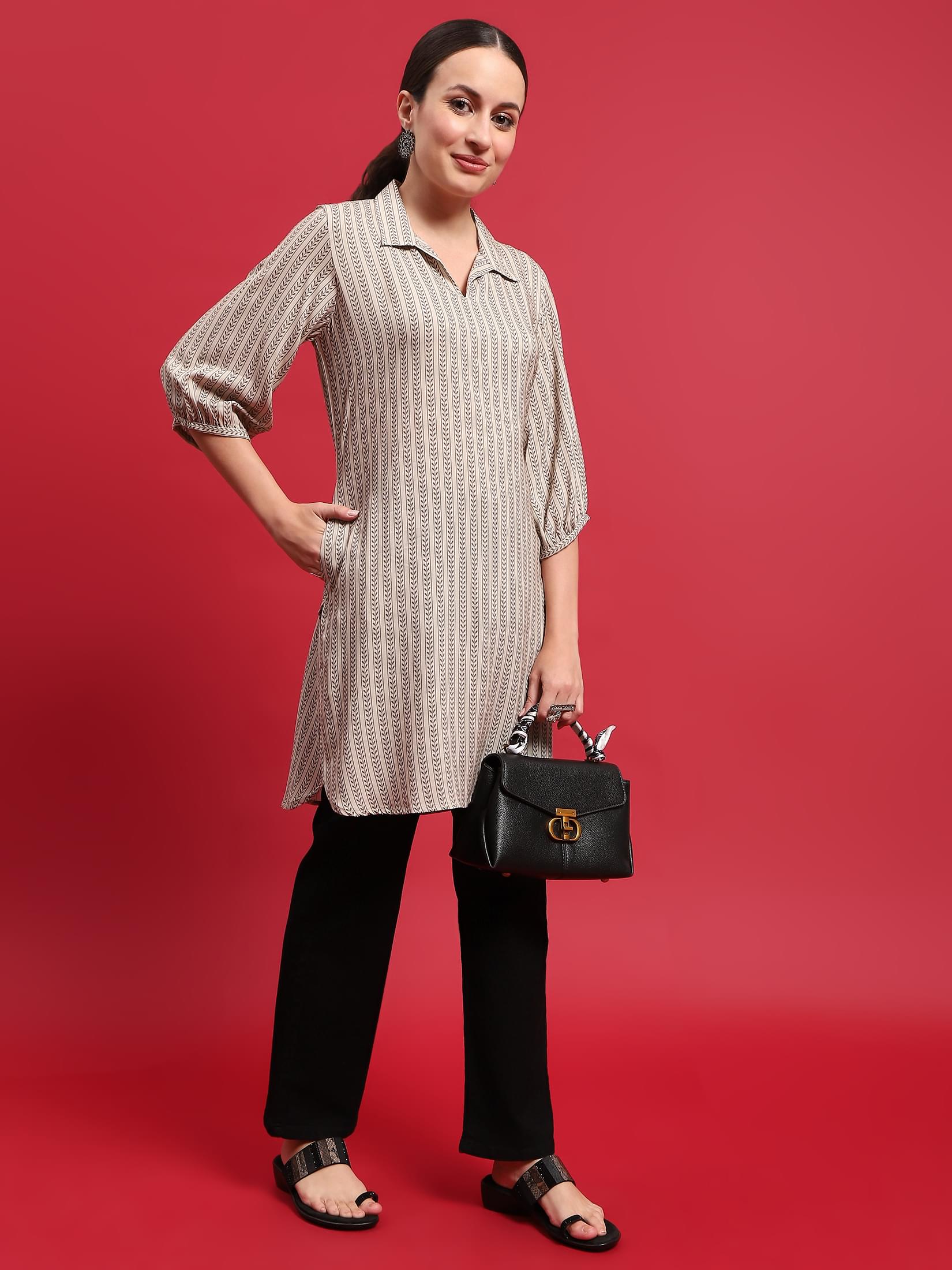 Women Liva (Rayon) Olive Stripe Print Kurti.