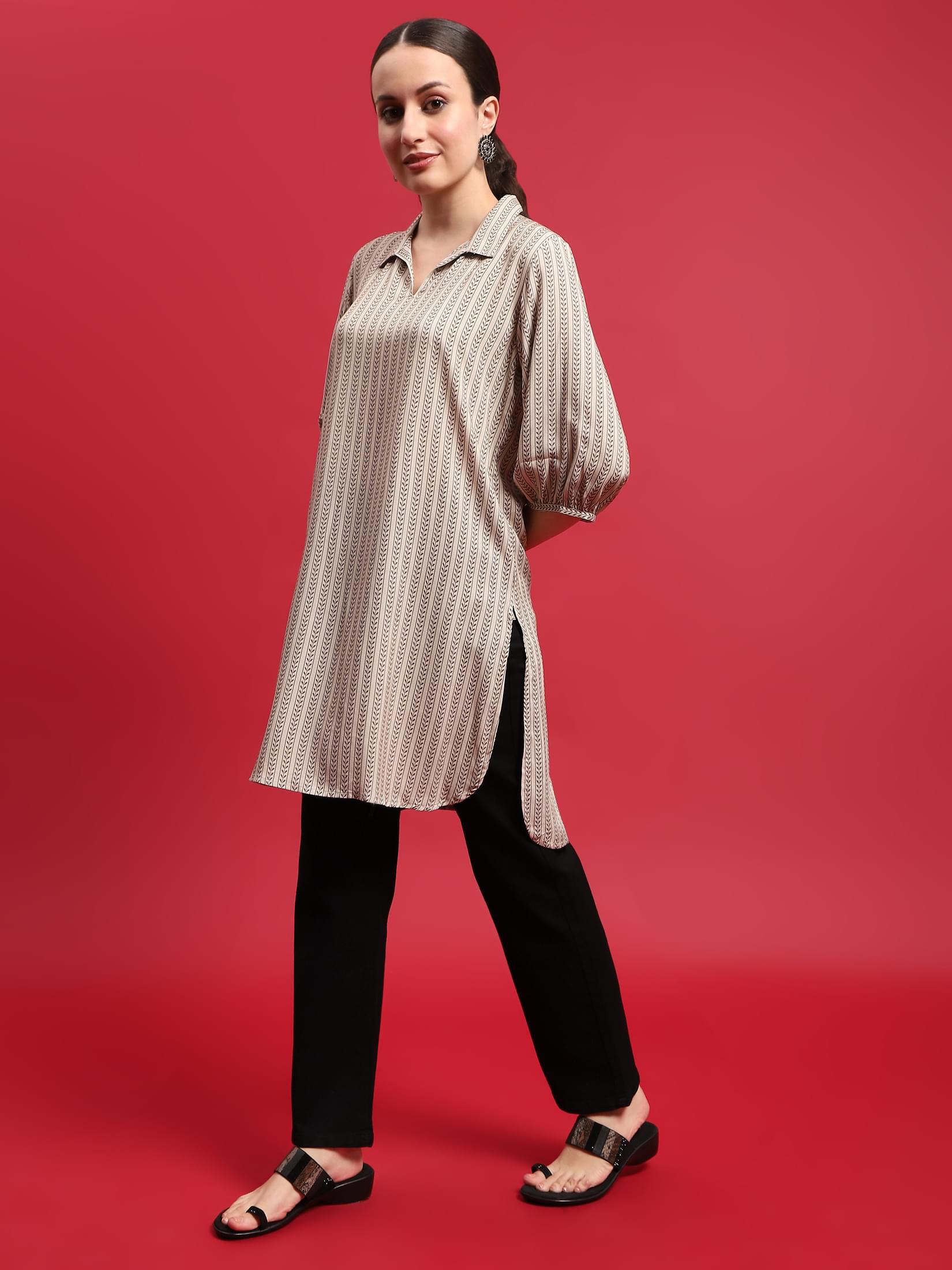 Women Liva (Rayon) Olive Stripe Print Kurti.