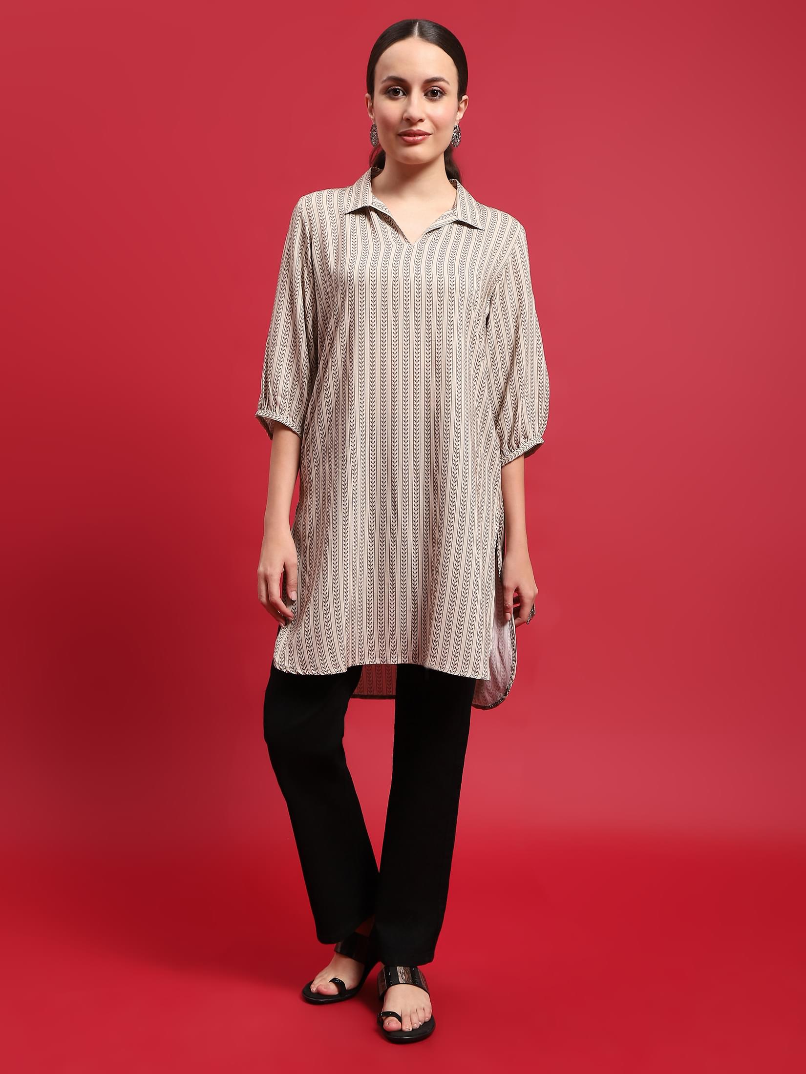 Women Liva (Rayon) Olive Stripe Print Kurti.