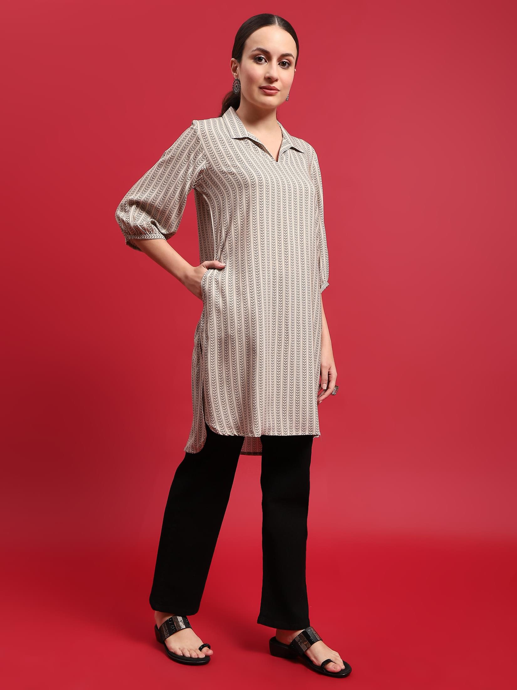 Women Liva (Rayon) Olive Stripe Print Kurti.