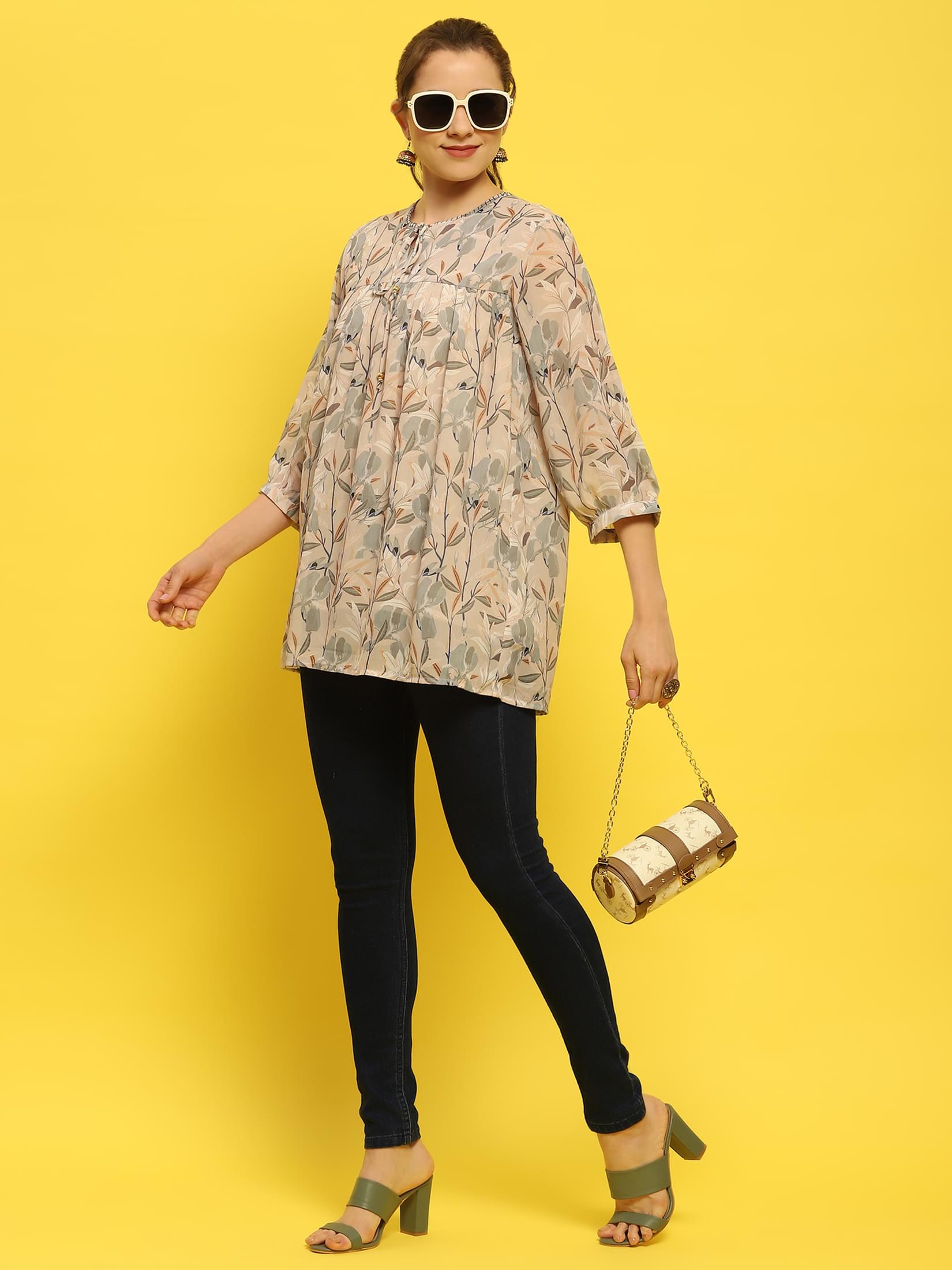 Women Georgette Grey Tropical Print Tunic.
