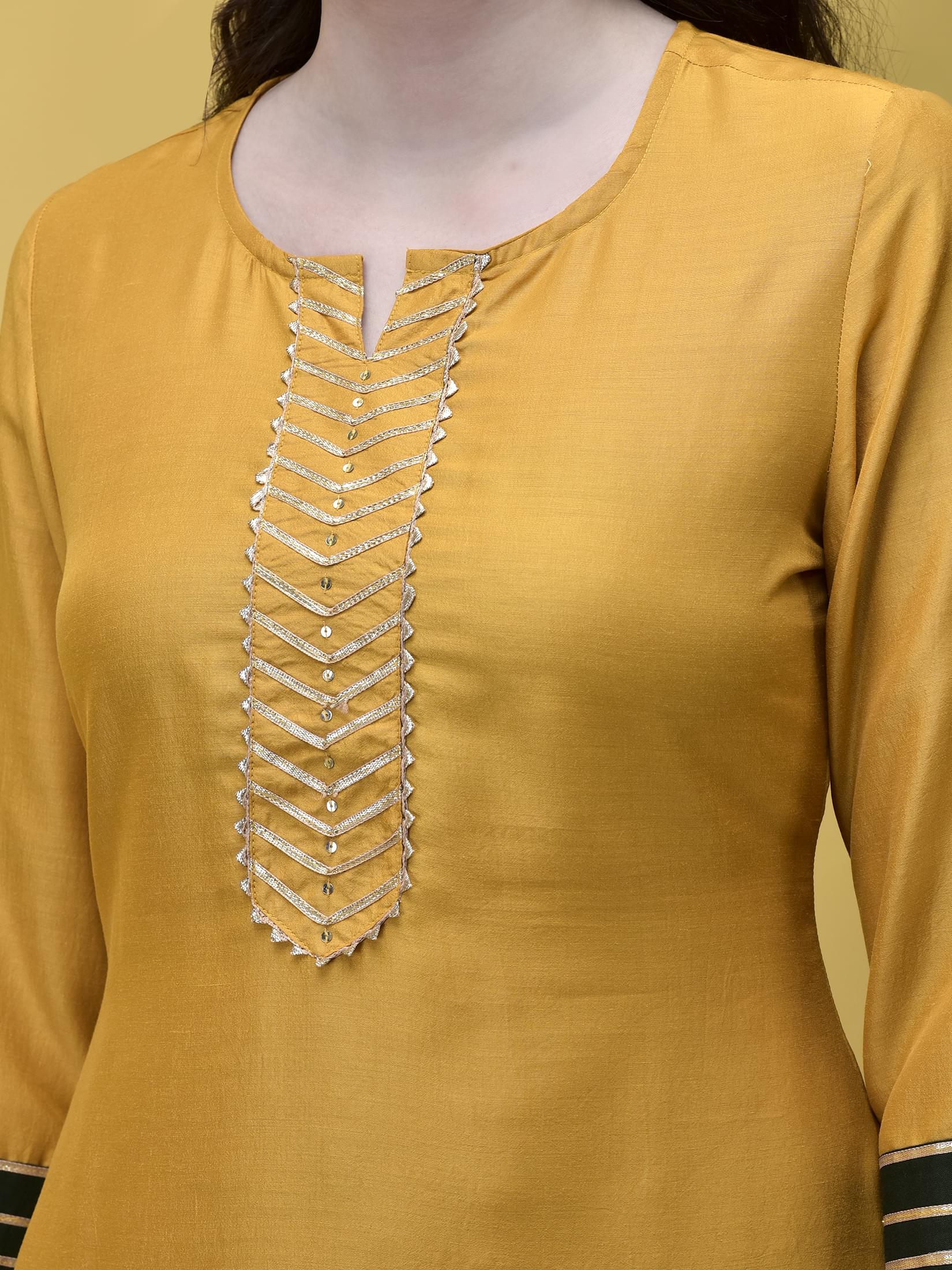 Women Poly Viscose Mustard Solid Kurta Comfort Pant Dupatta.
