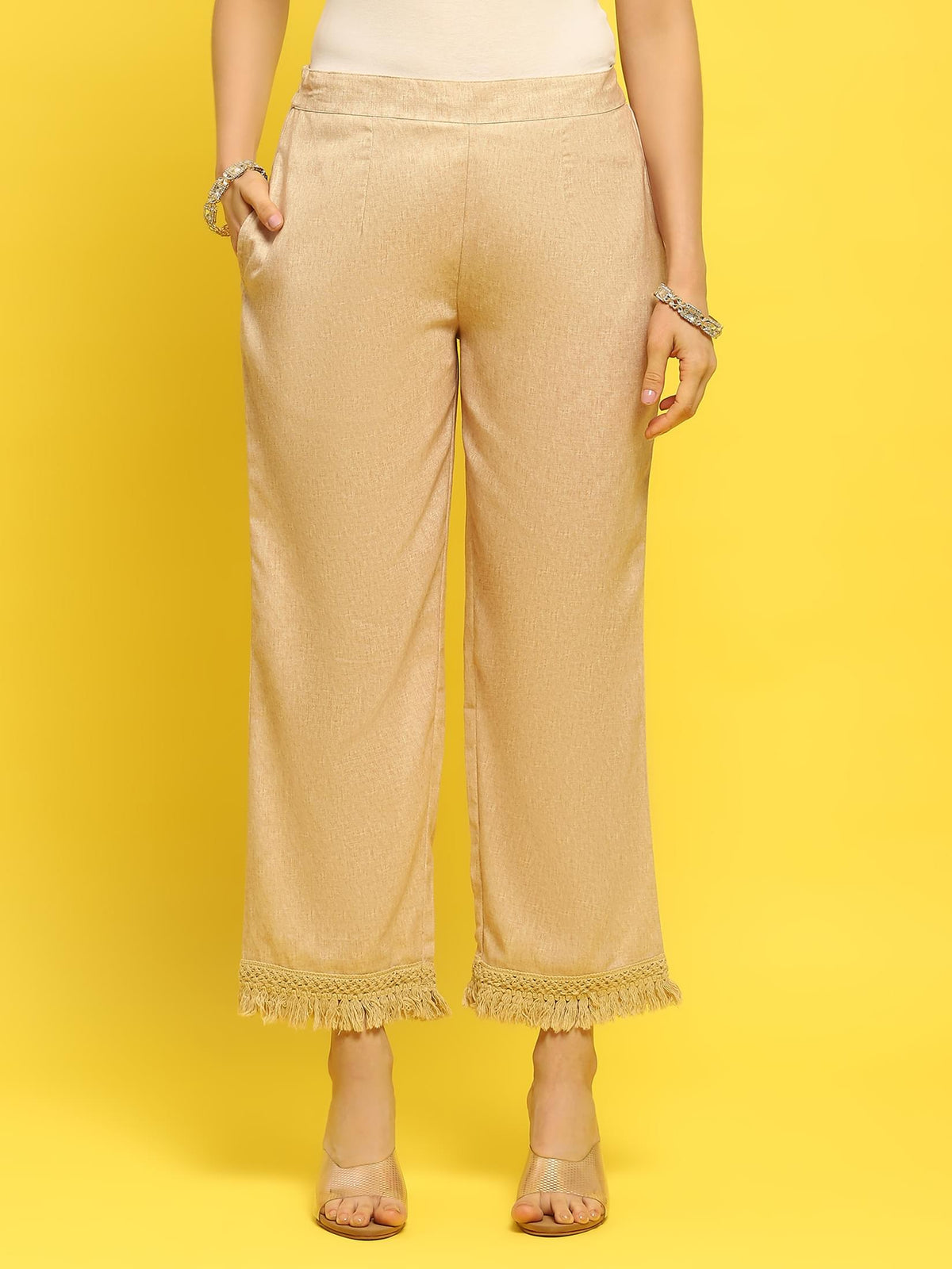Women Liva Beige Ornamental Print Kurta Comfort Pant Dupatta.