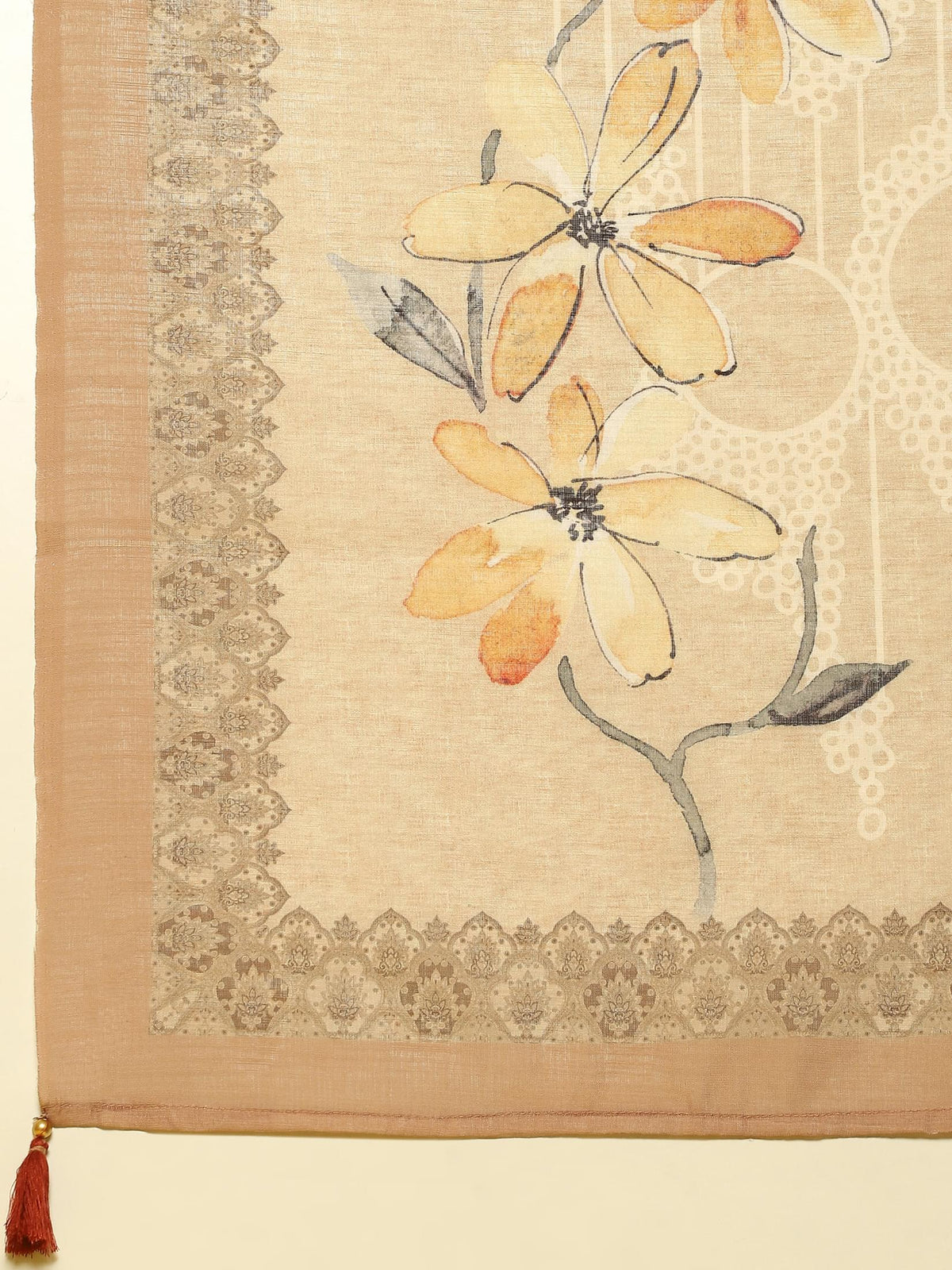 Women Liva Beige Ornamental Print Kurta Comfort Pant Dupatta.