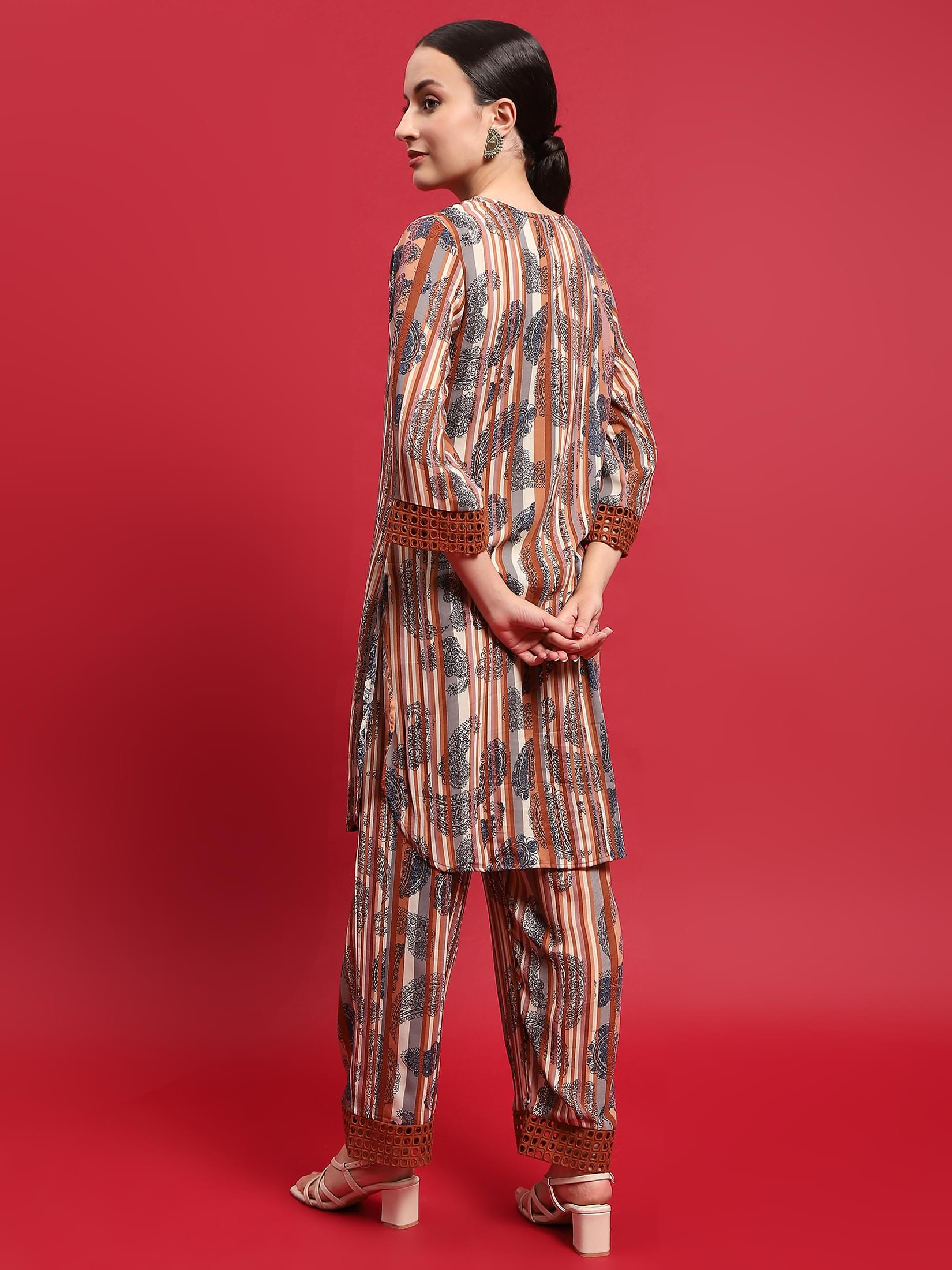 Women Georgette Rust Ornamental Print Co-Ord Set.