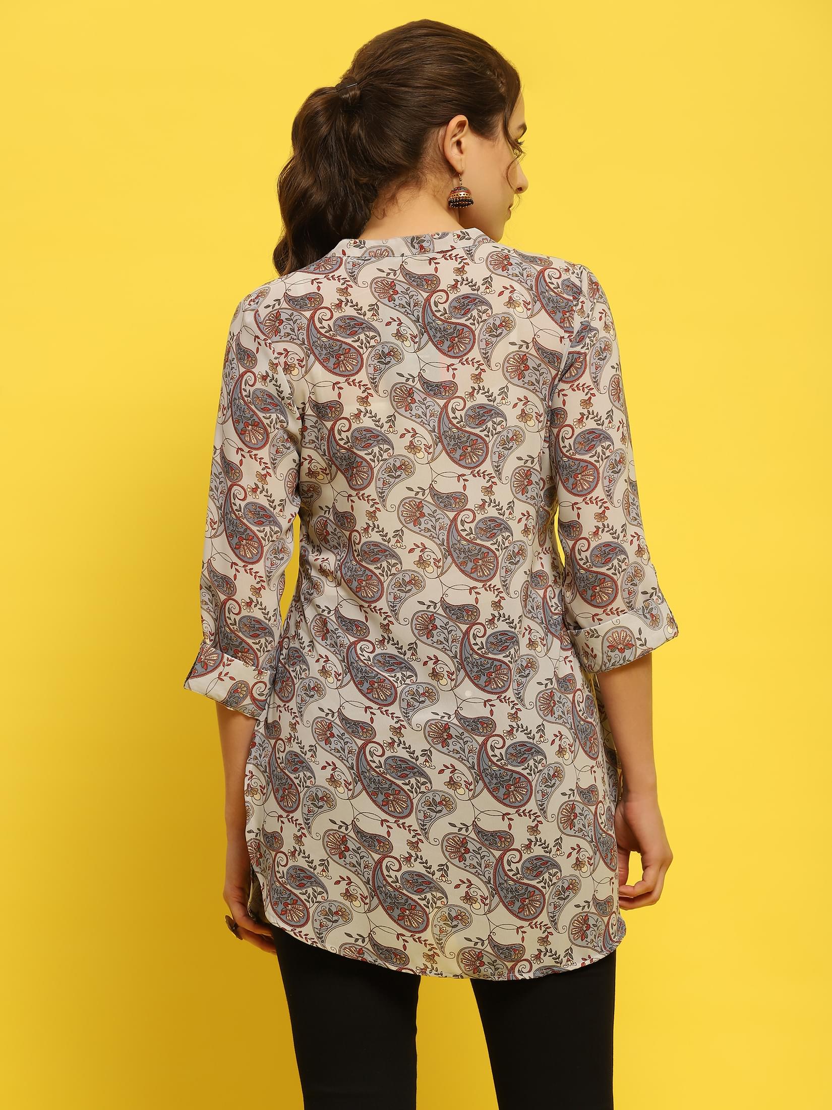 Women Georgette Blue Paisley Print Tunic.