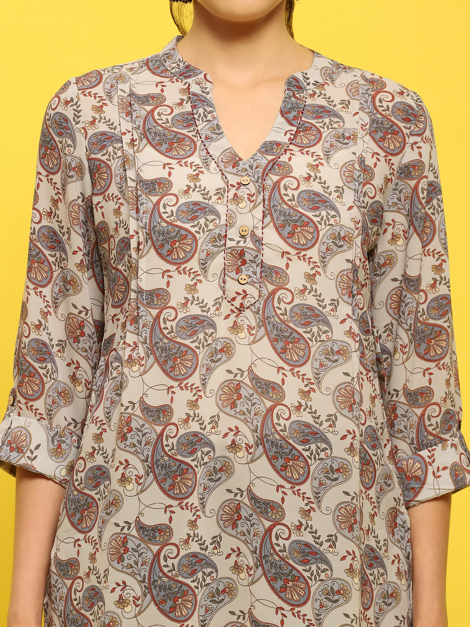 Women Georgette Blue Paisley Print Tunic.