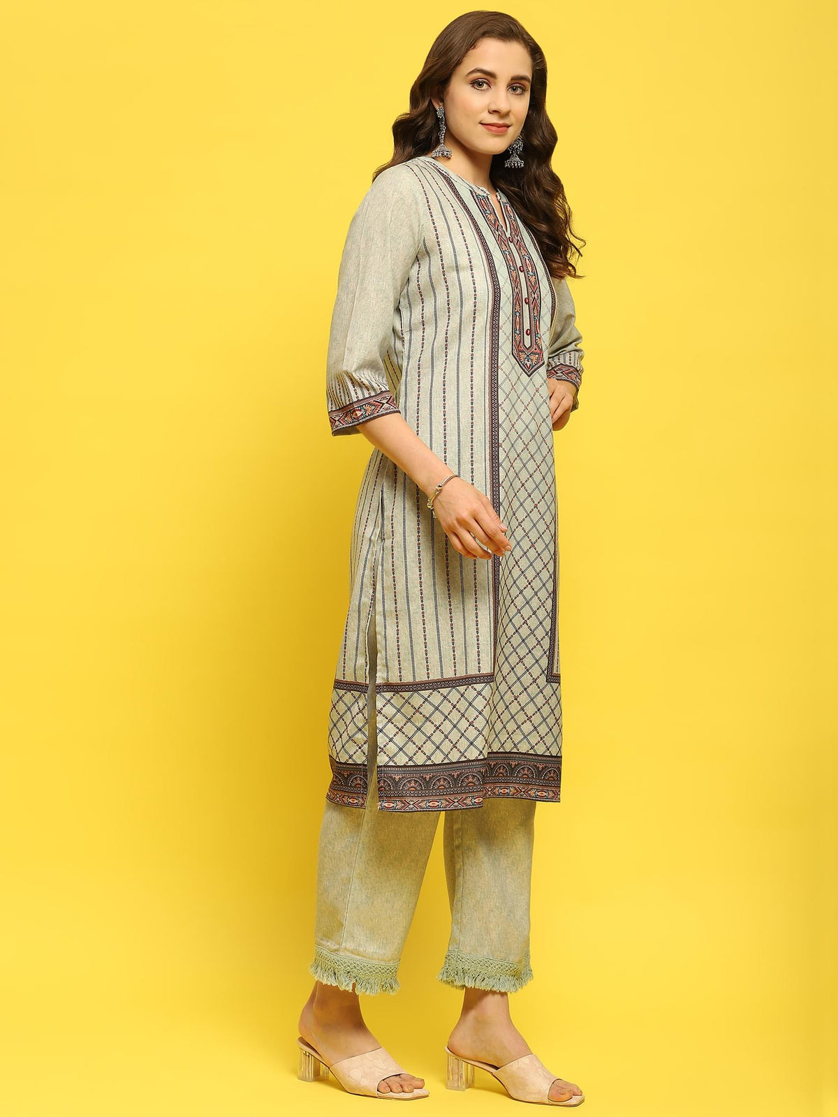 Women Liva Green Printed Kurta Comfort Pant Dupatta.