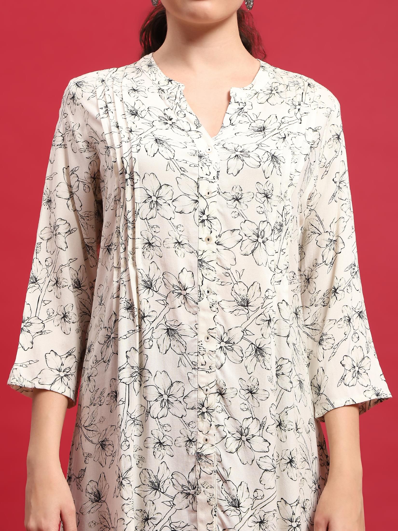 Women Liva (Rayon) Off White Floral Print Tunic.