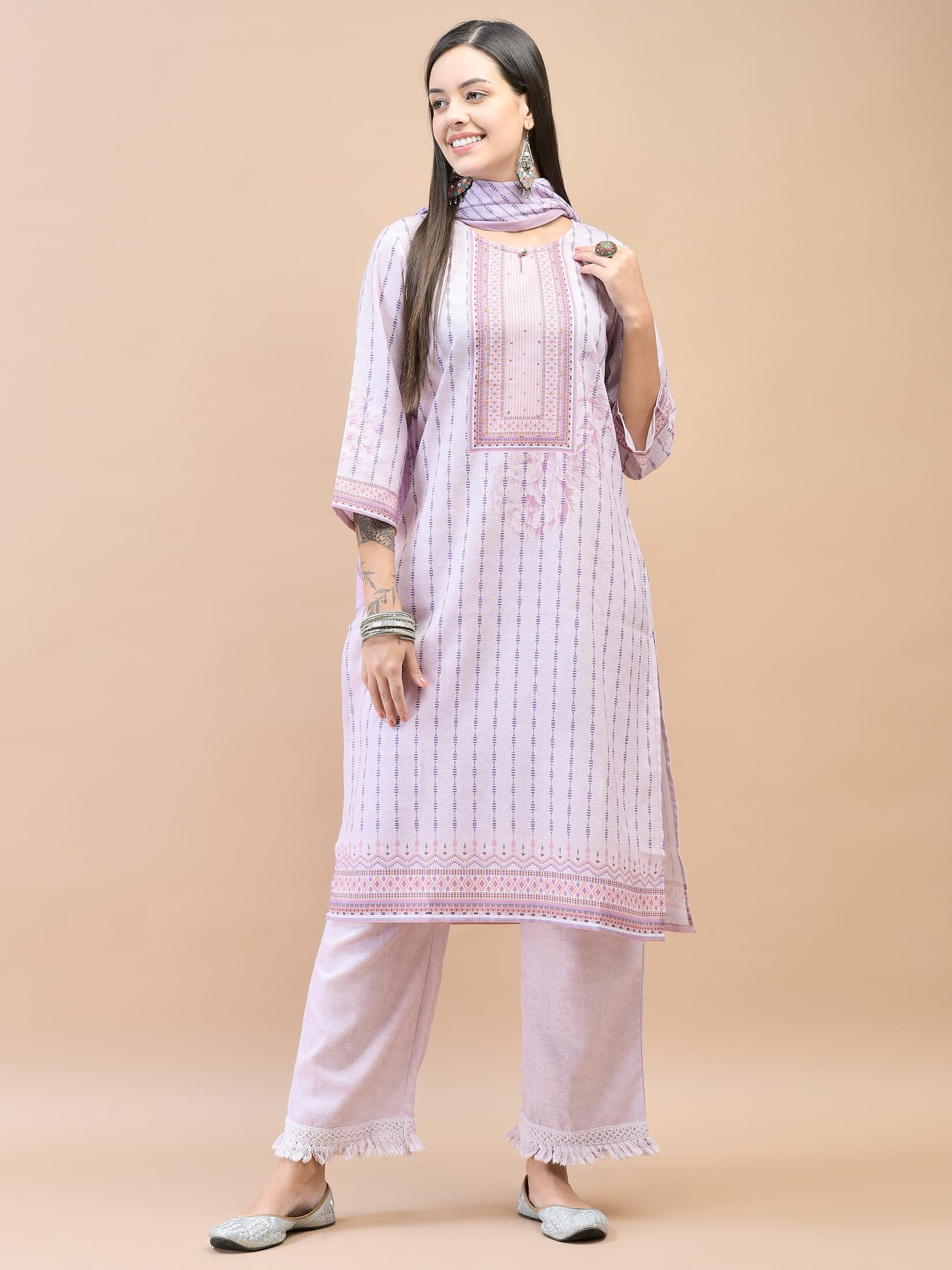 Women Viscose Lilac Geometric Print Kurta Comfort Pant Dupatta.