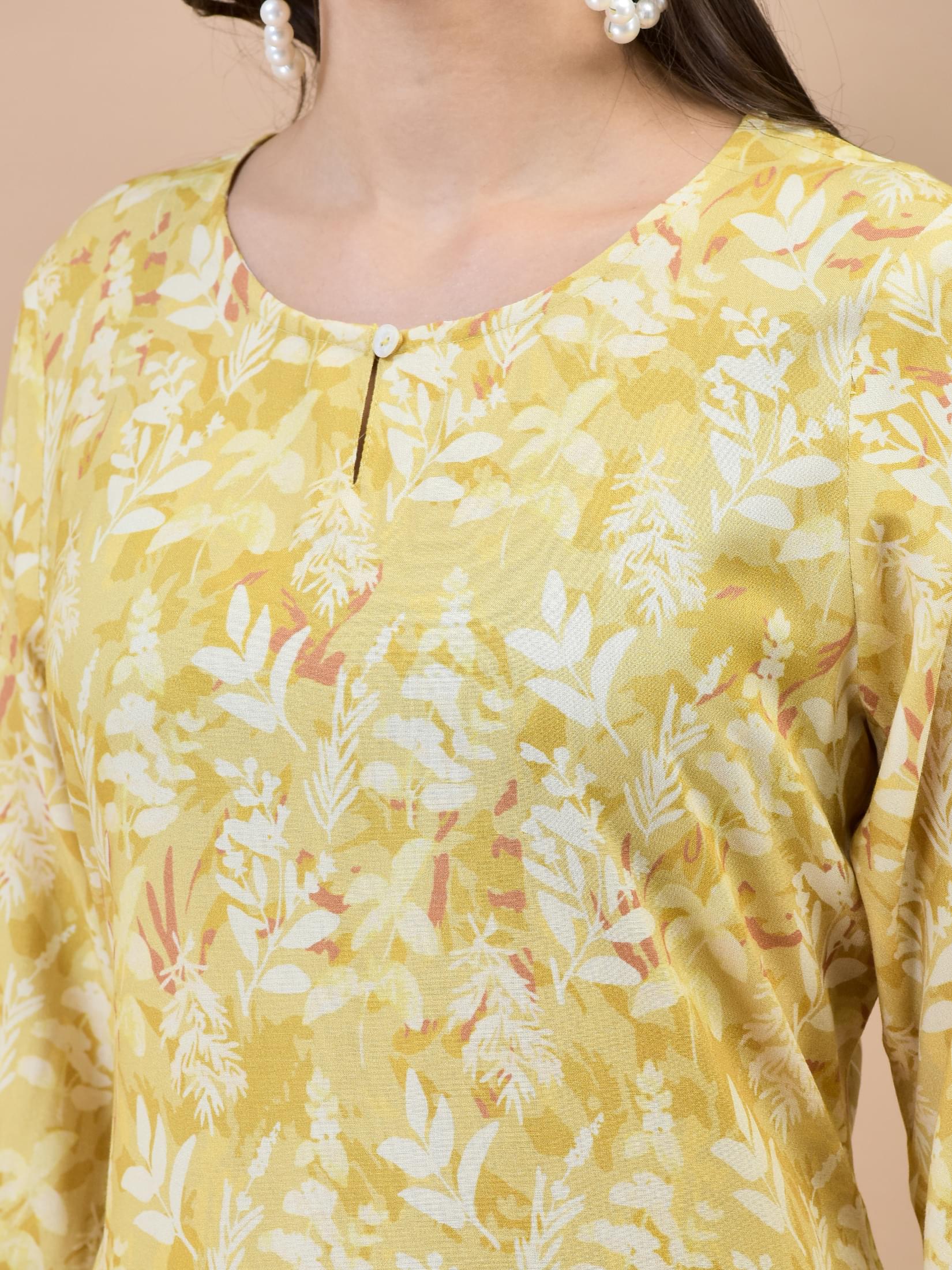 Women Liva Rayon Mustard Floral Print Kurta.