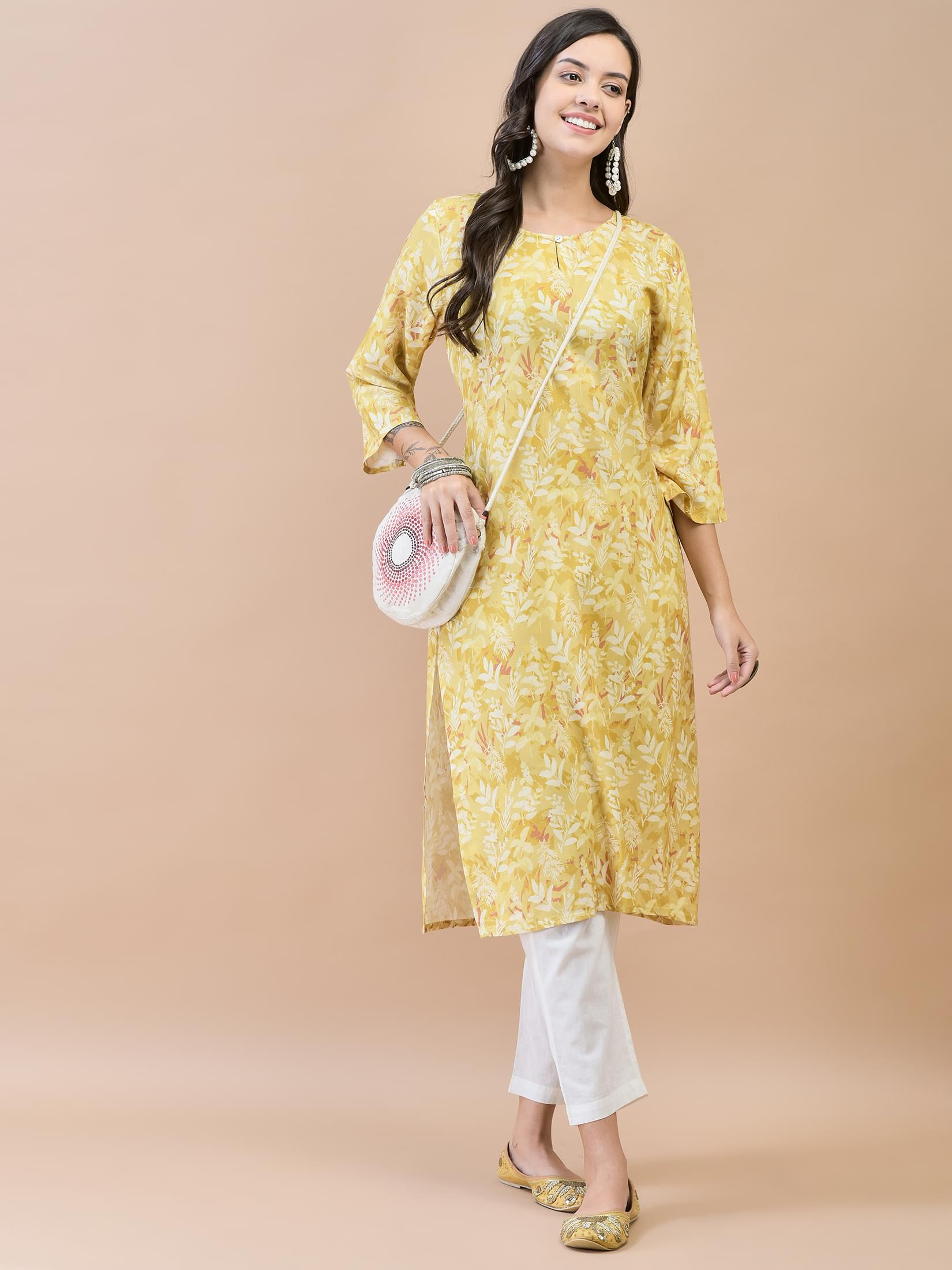 Women Liva Rayon Mustard Floral Print Kurta.