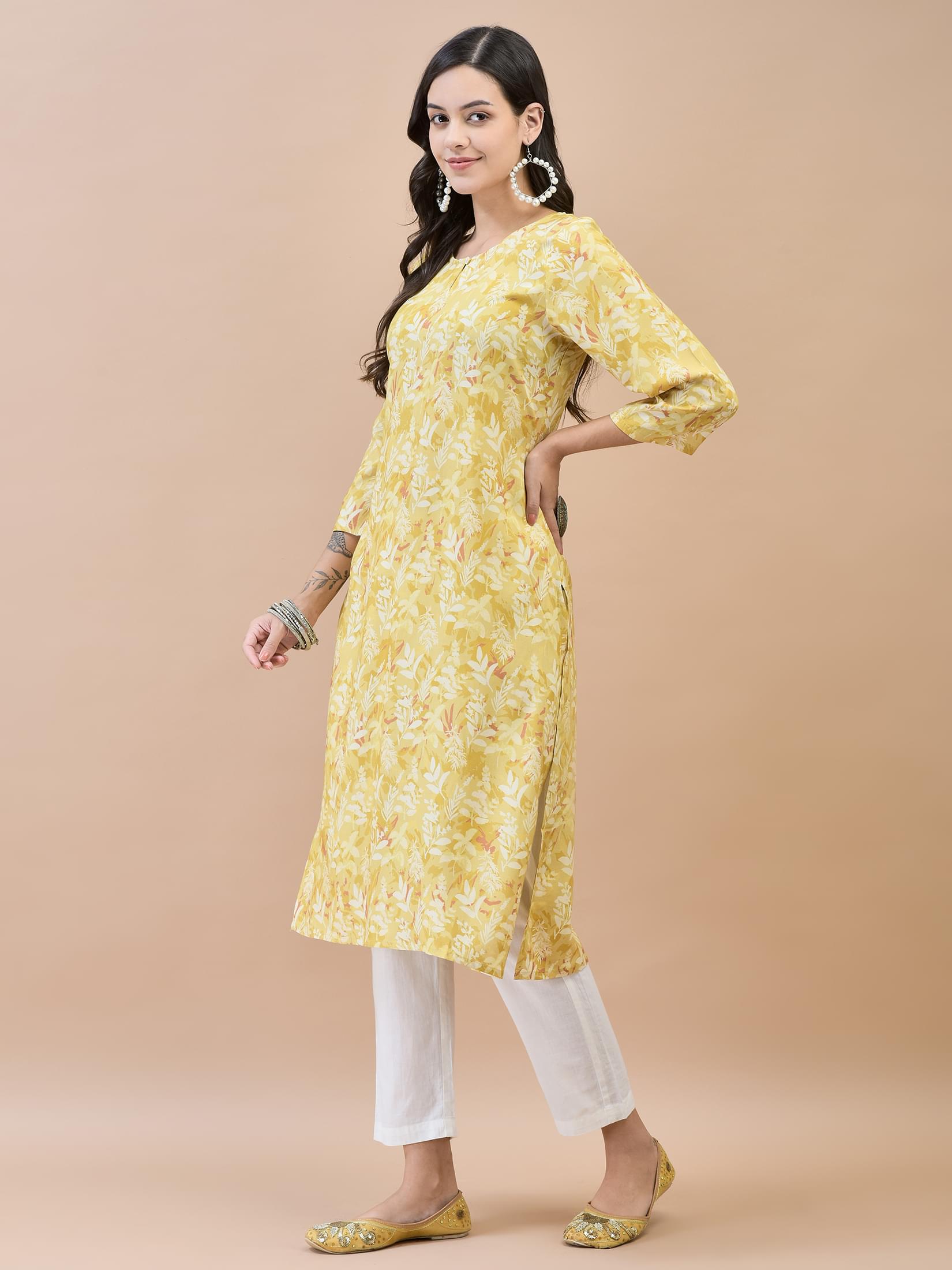 Women Liva Rayon Mustard Floral Print Kurta.