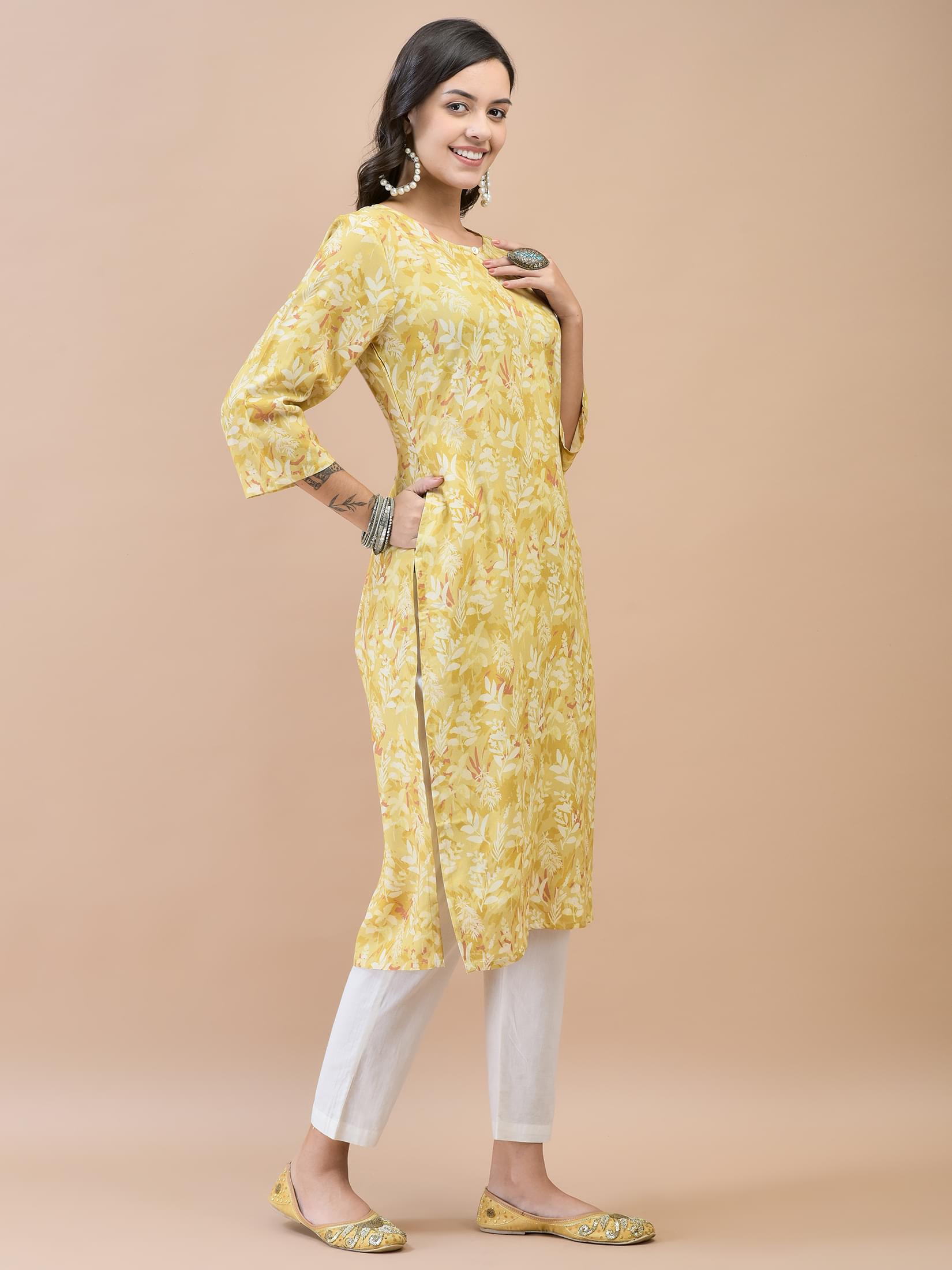 Women Liva Rayon Mustard Floral Print Kurta.