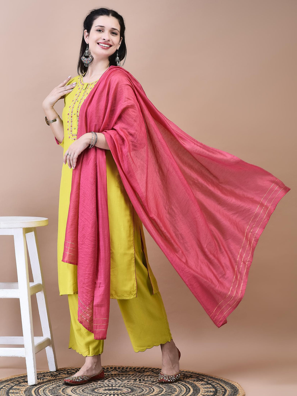 Women Viscose Green Embroidered Kurta Comfort Pant Dupatta.