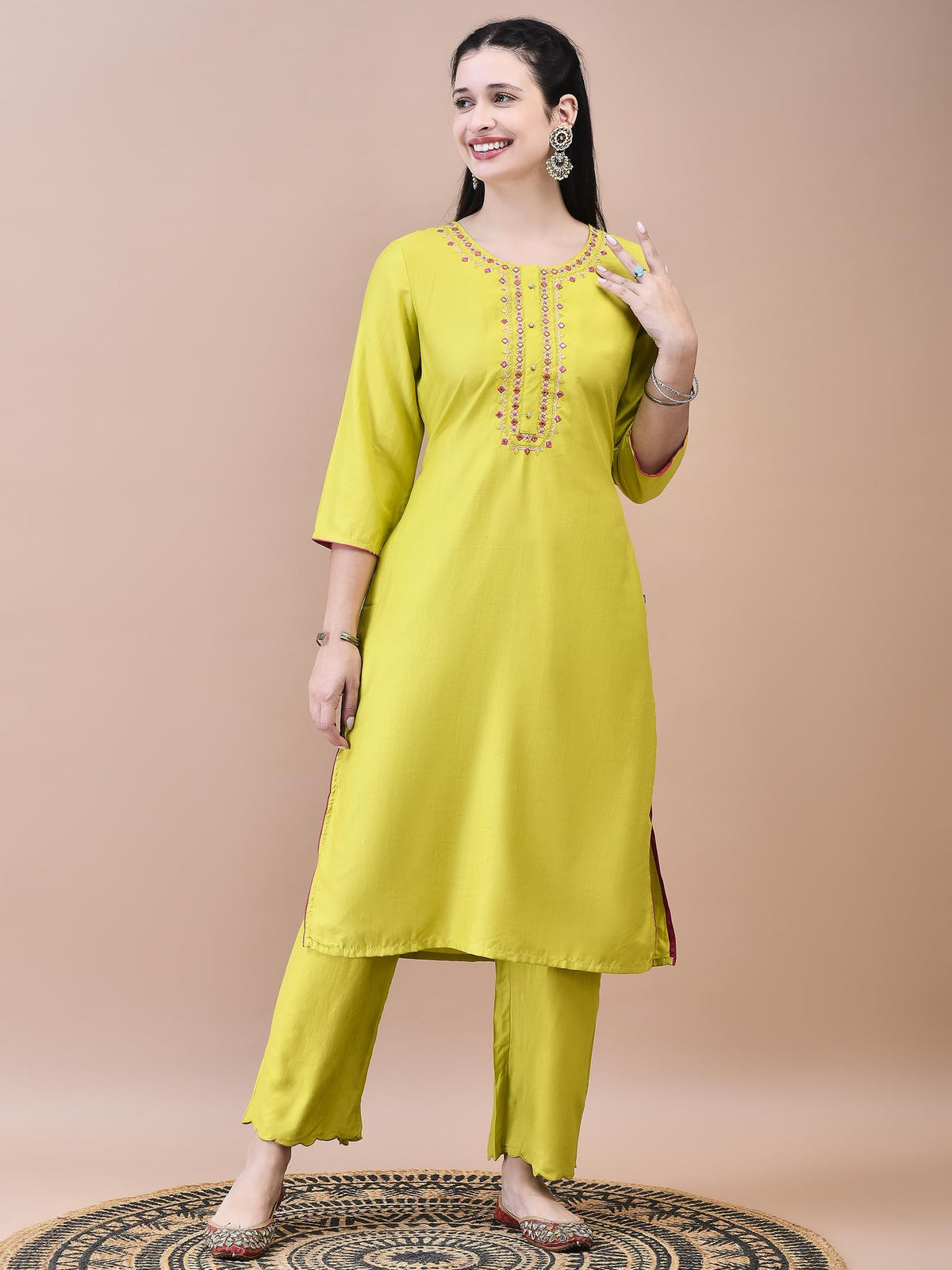 Women Viscose Green Embroidered Kurta Comfort Pant Dupatta.