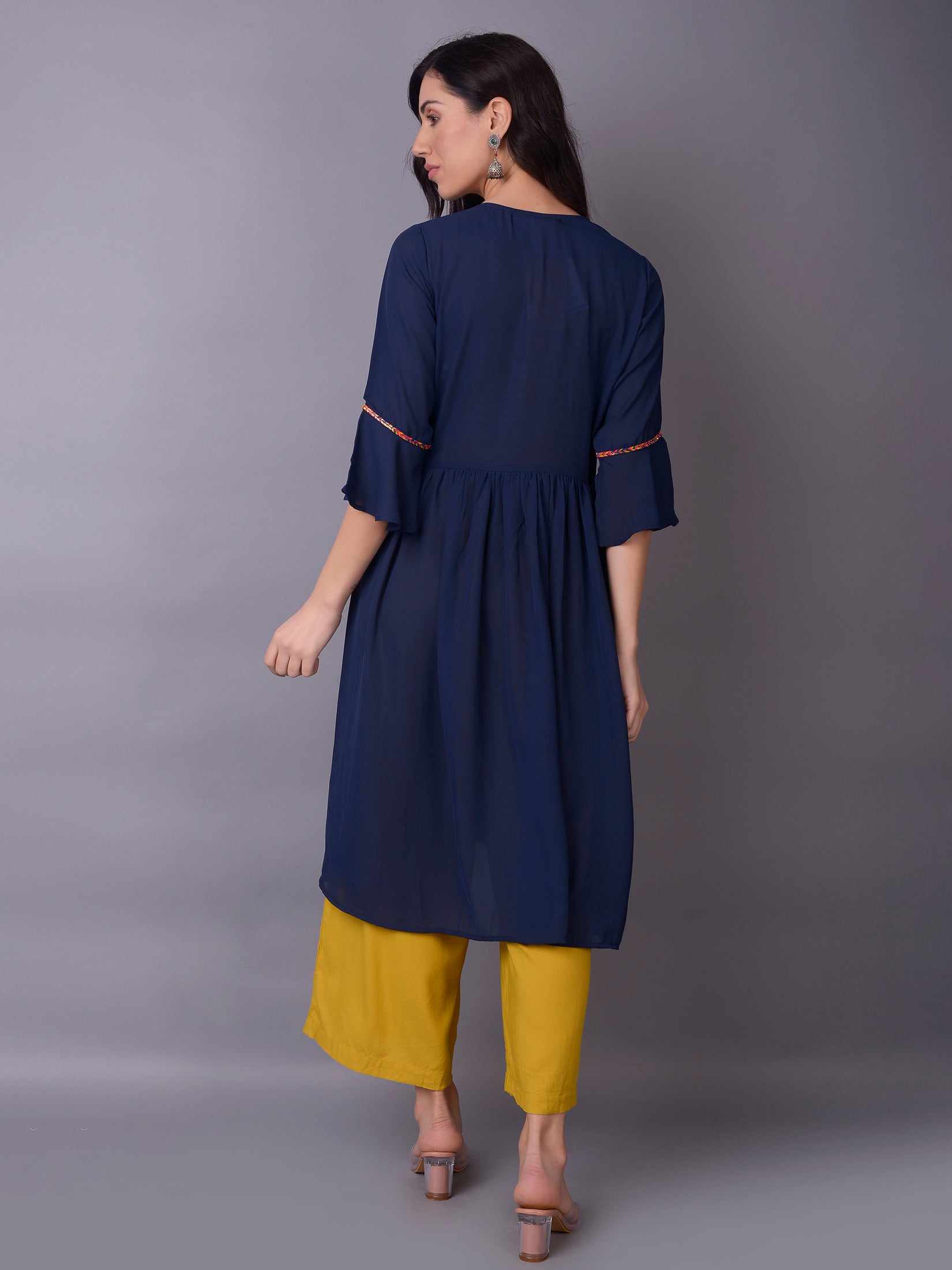 Women Navy Blue Fit And Flare Kurta