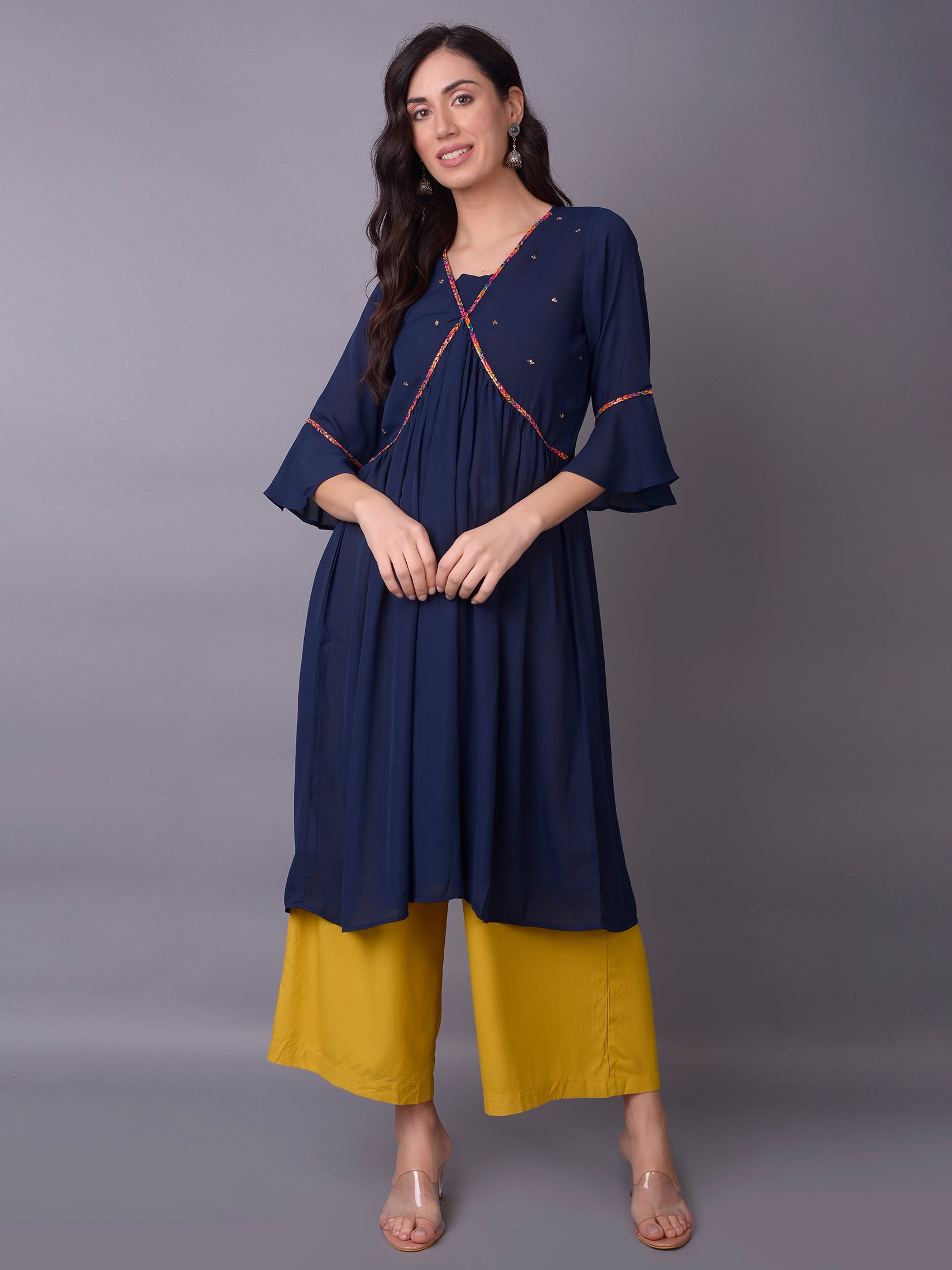 Women Navy Blue Fit And Flare Kurta