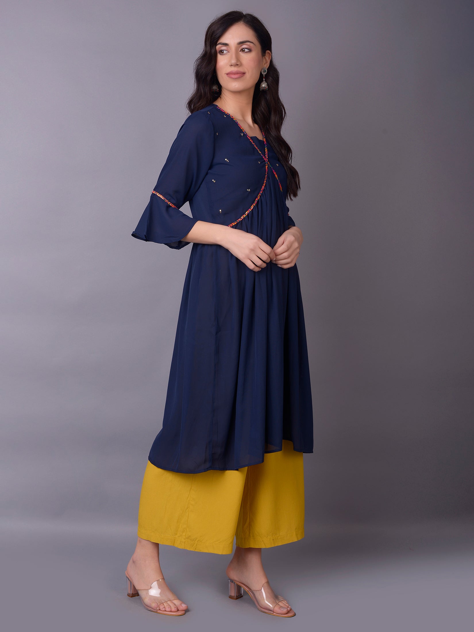 Women Navy Blue Fit And Flare Kurta