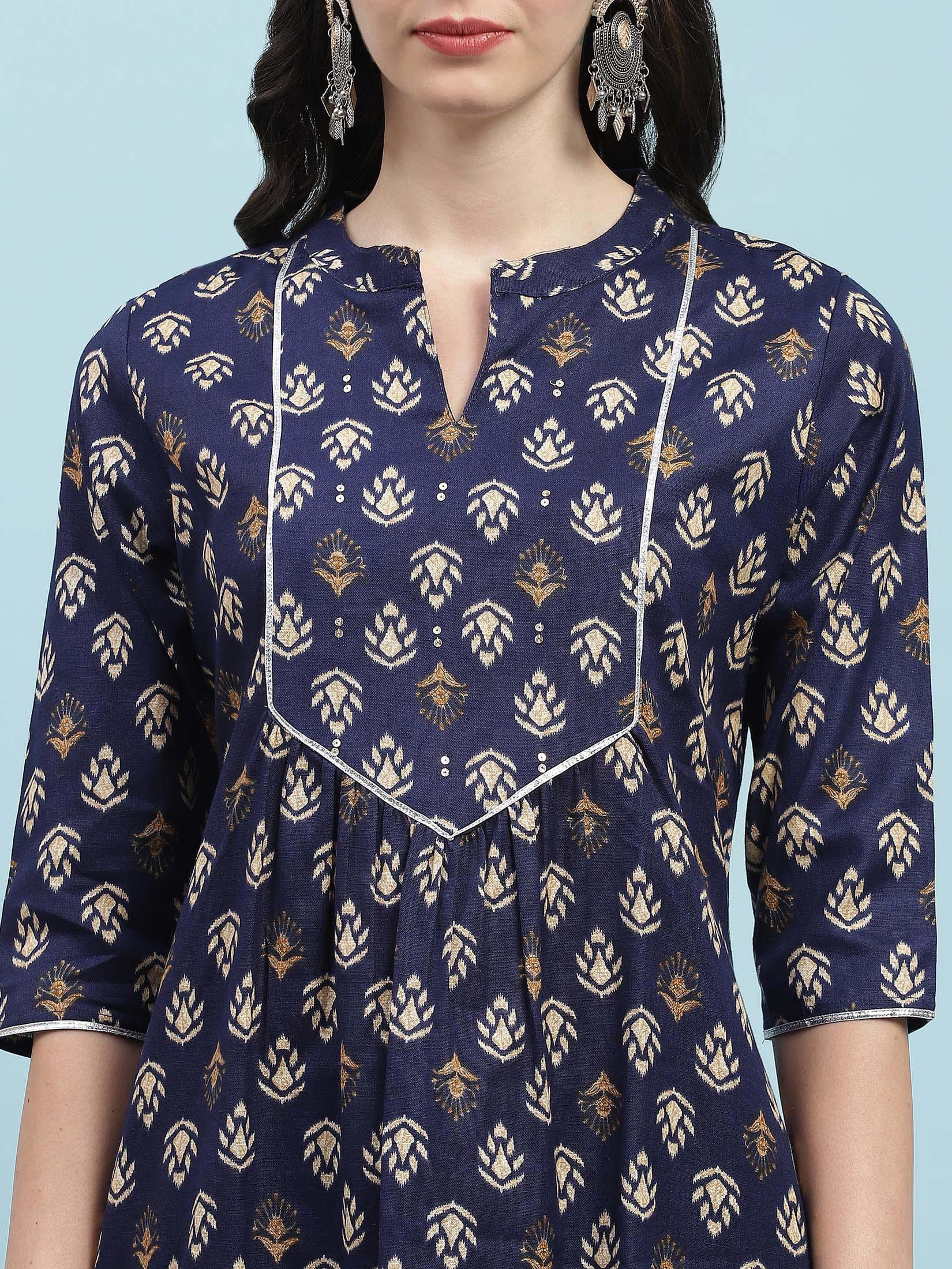 Indiessence (Buy 2 @ 499) Navy Blue Floral Cotton Kurta.