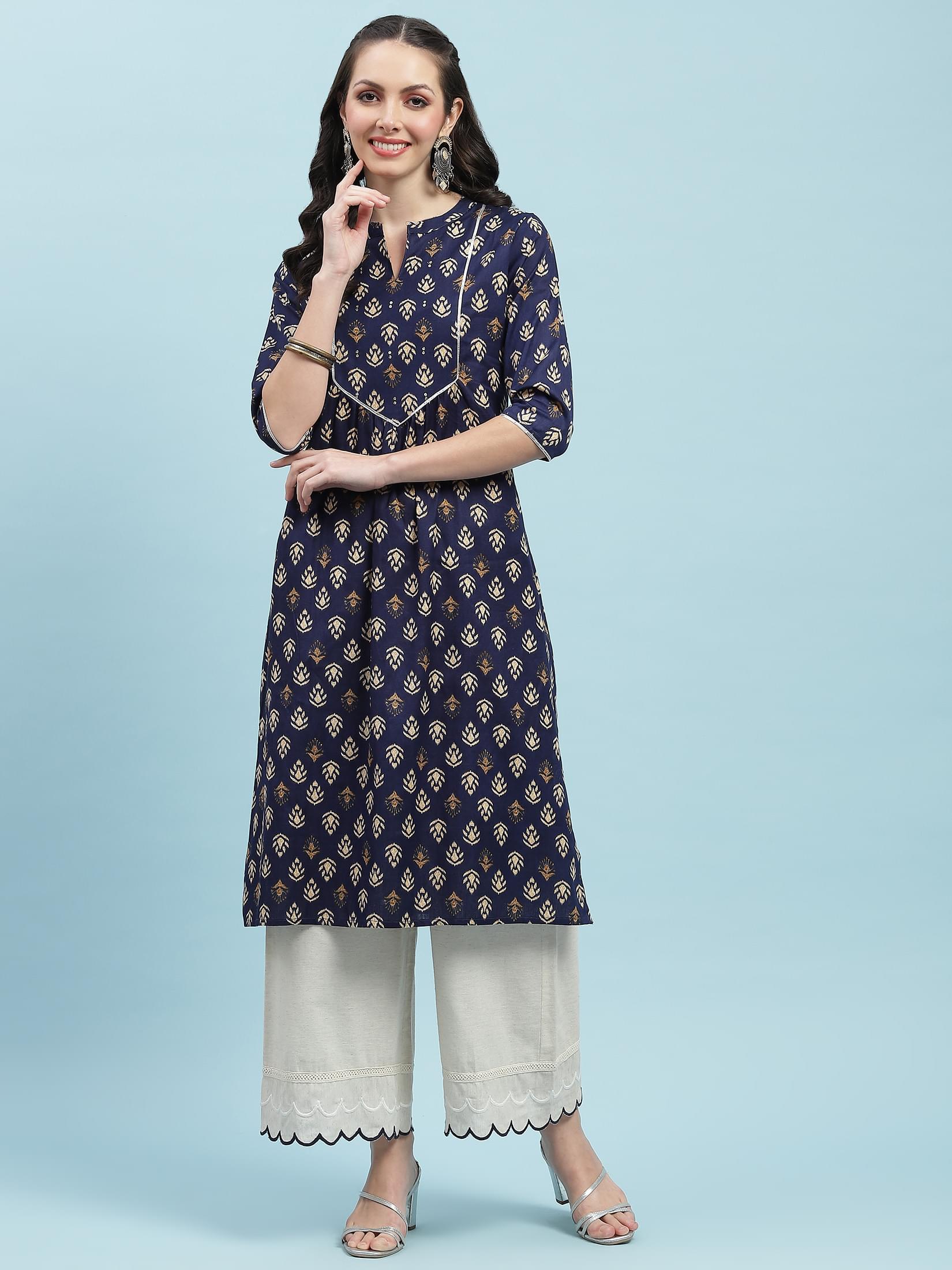 Indiessence (Buy 2 @ 499) Navy Blue Floral Cotton Kurta.