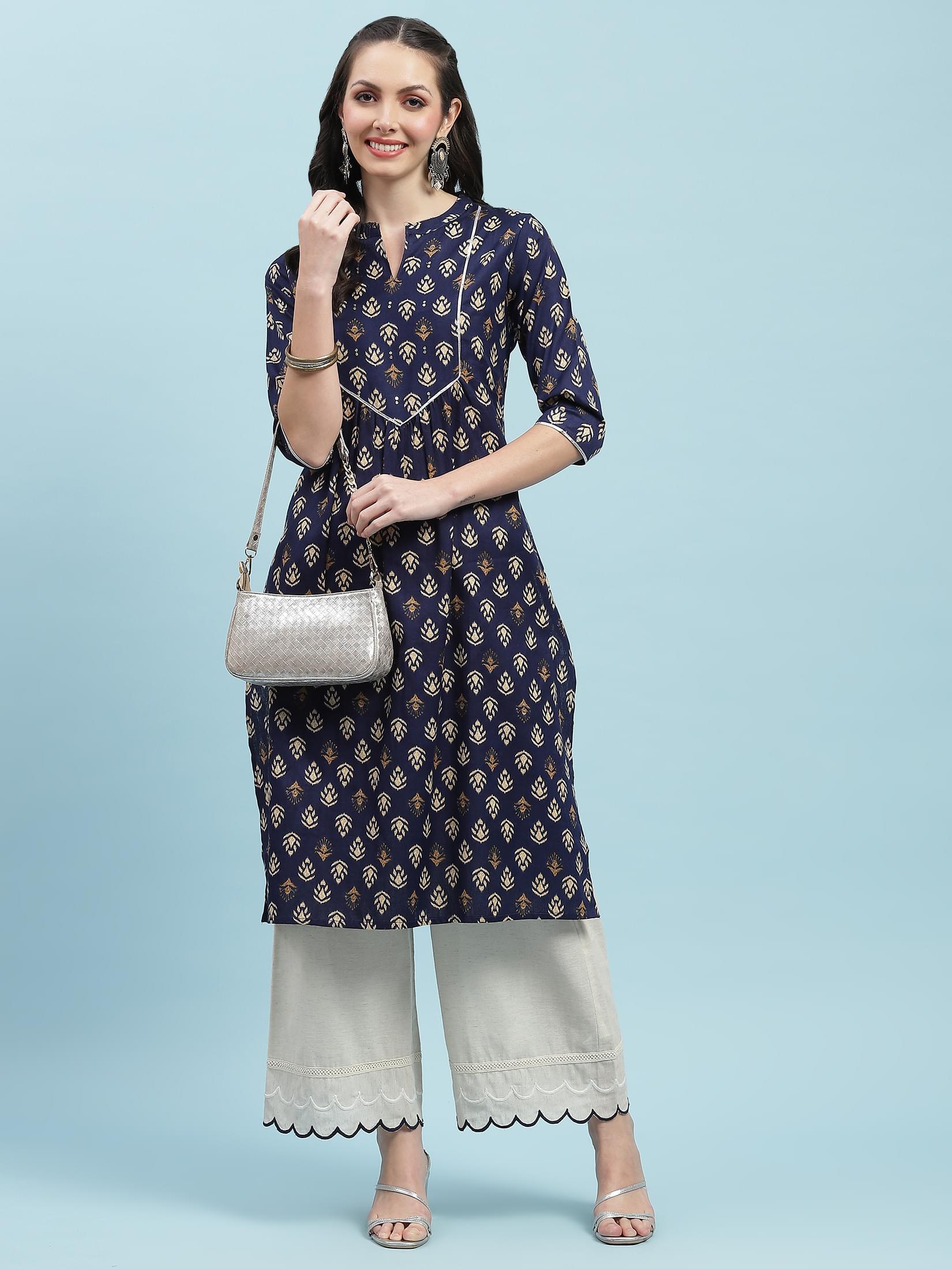 Indiessence (Buy 2 @ 499) Navy Blue Floral Cotton Kurta.