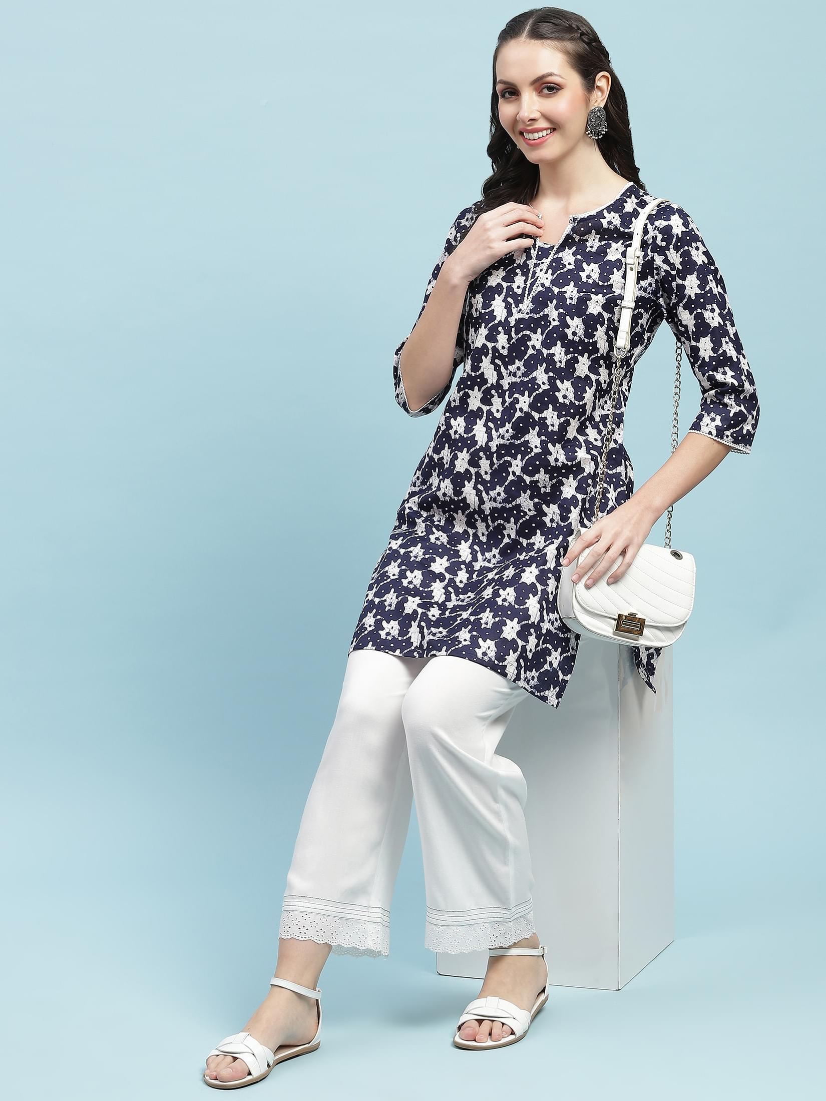 Indiessence (Buy 2 @ 499) Navy Blue Floral Printed Kurta.