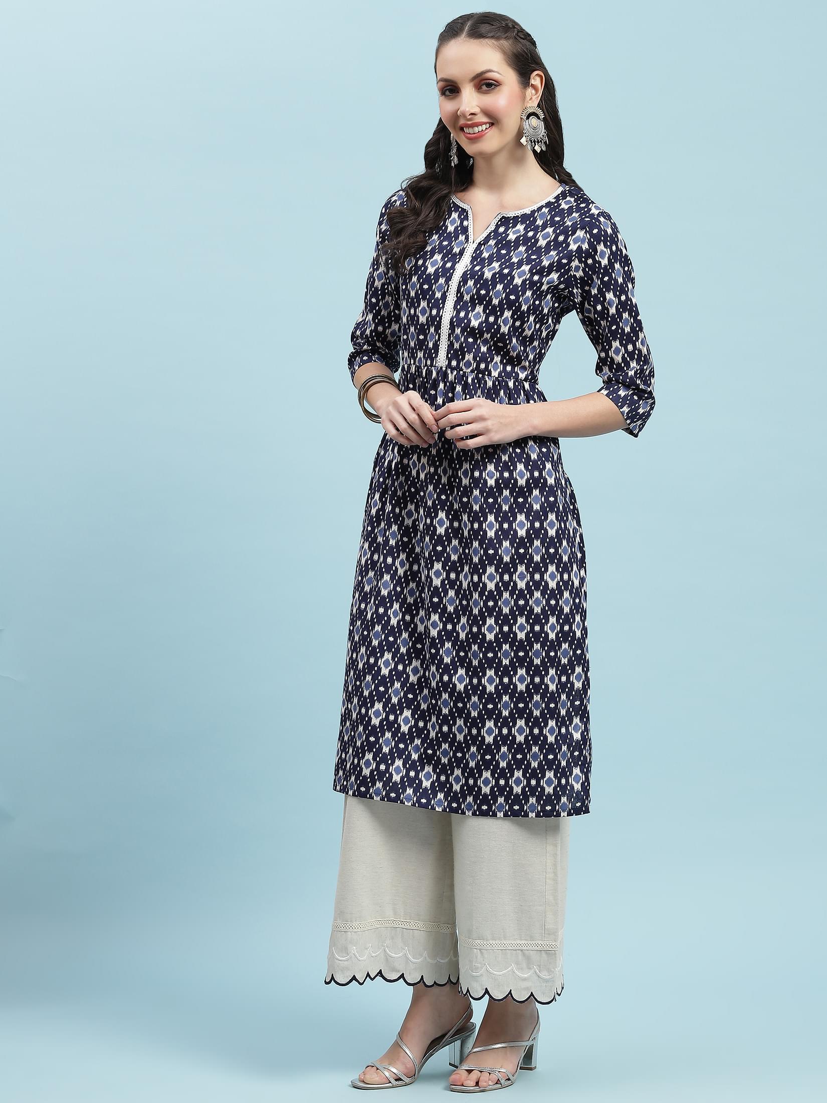 Indiessence (Buy 2 @ 499) Navy Blue Ikat Printed Kurta.