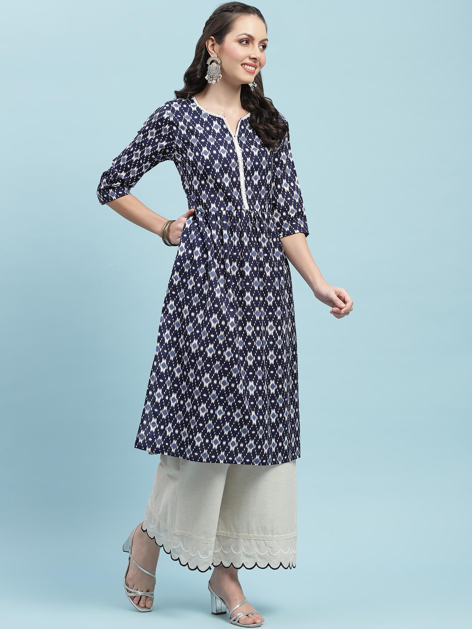 Indiessence (Buy 2 @ 499) Navy Blue Ikat Printed Kurta.