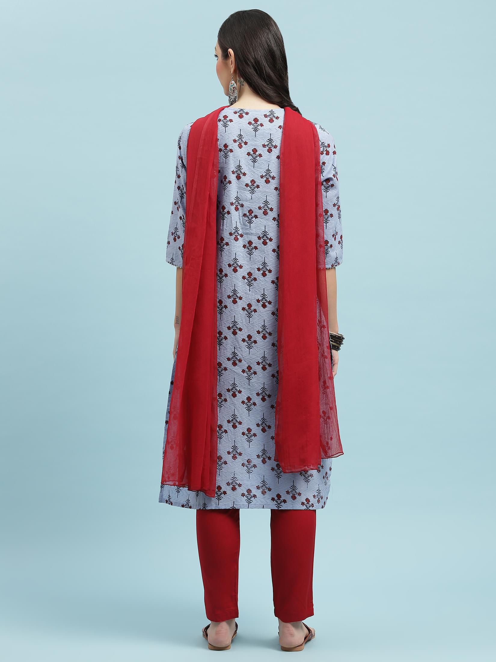 Indiessence Blue Floral Printed Kurta Trouser Dupatta.