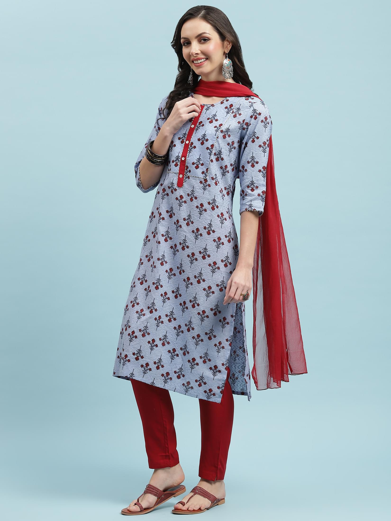 Indiessence Blue Floral Printed Kurta Trouser Dupatta.
