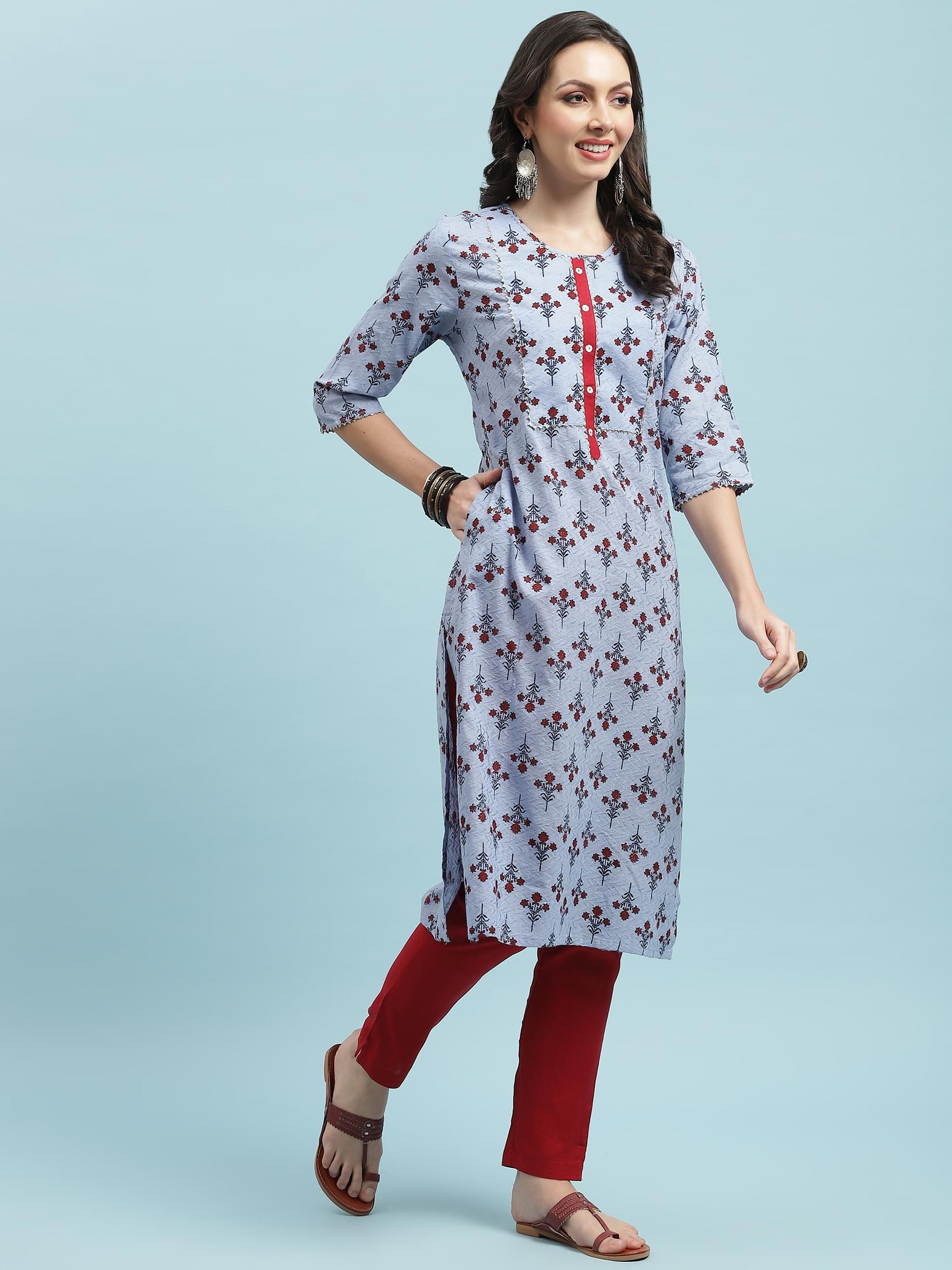 Indiessence Blue Floral Printed Kurta Trouser Dupatta.