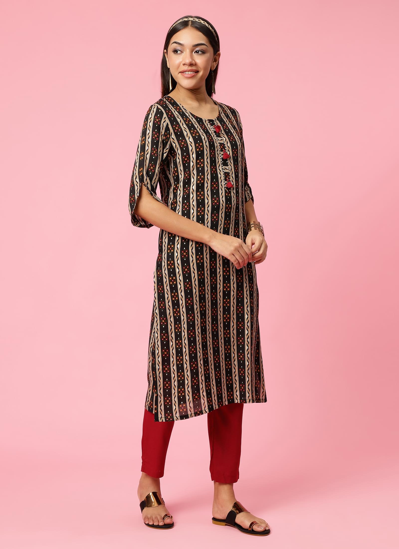 Indiessence Women Black Floral Printed Kurta Trouser Dupatta.