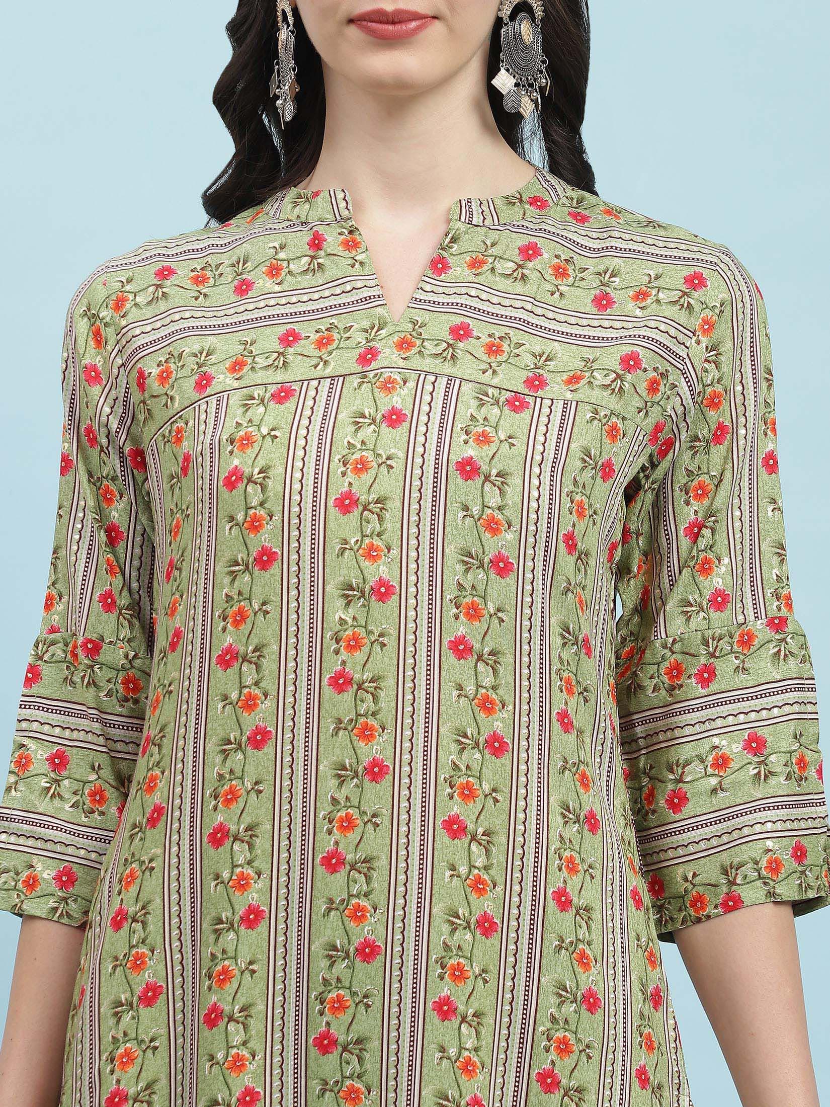 Indiessence (Buy 2 @ 499) Green Floral Printed Kurta.