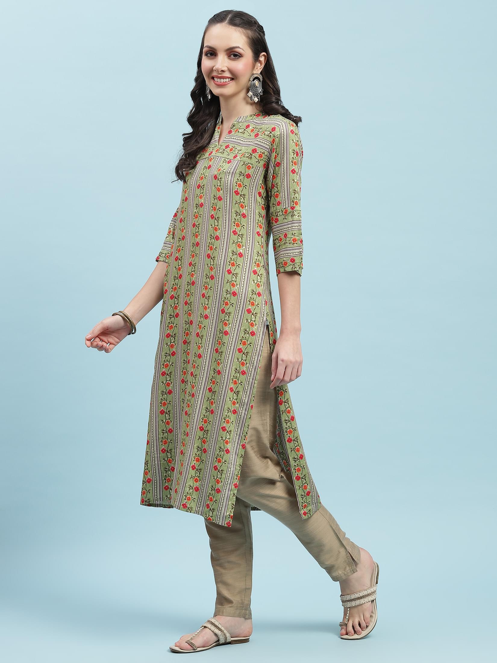 Indiessence (Buy 2 @ 499) Green Floral Printed Kurta.