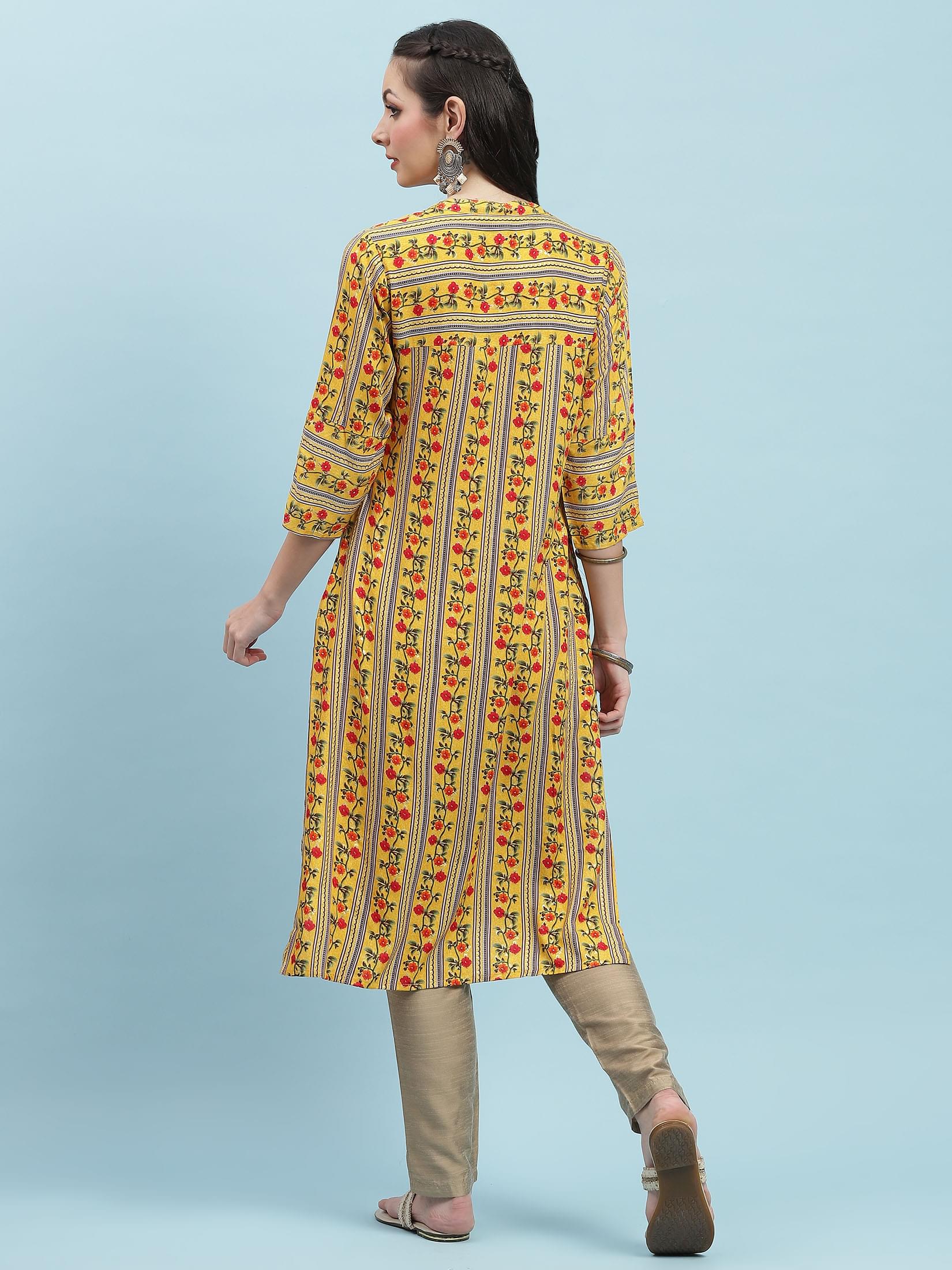 Indiessence (Buy 2 @ 499) Yellow Floral Printed Kurta.