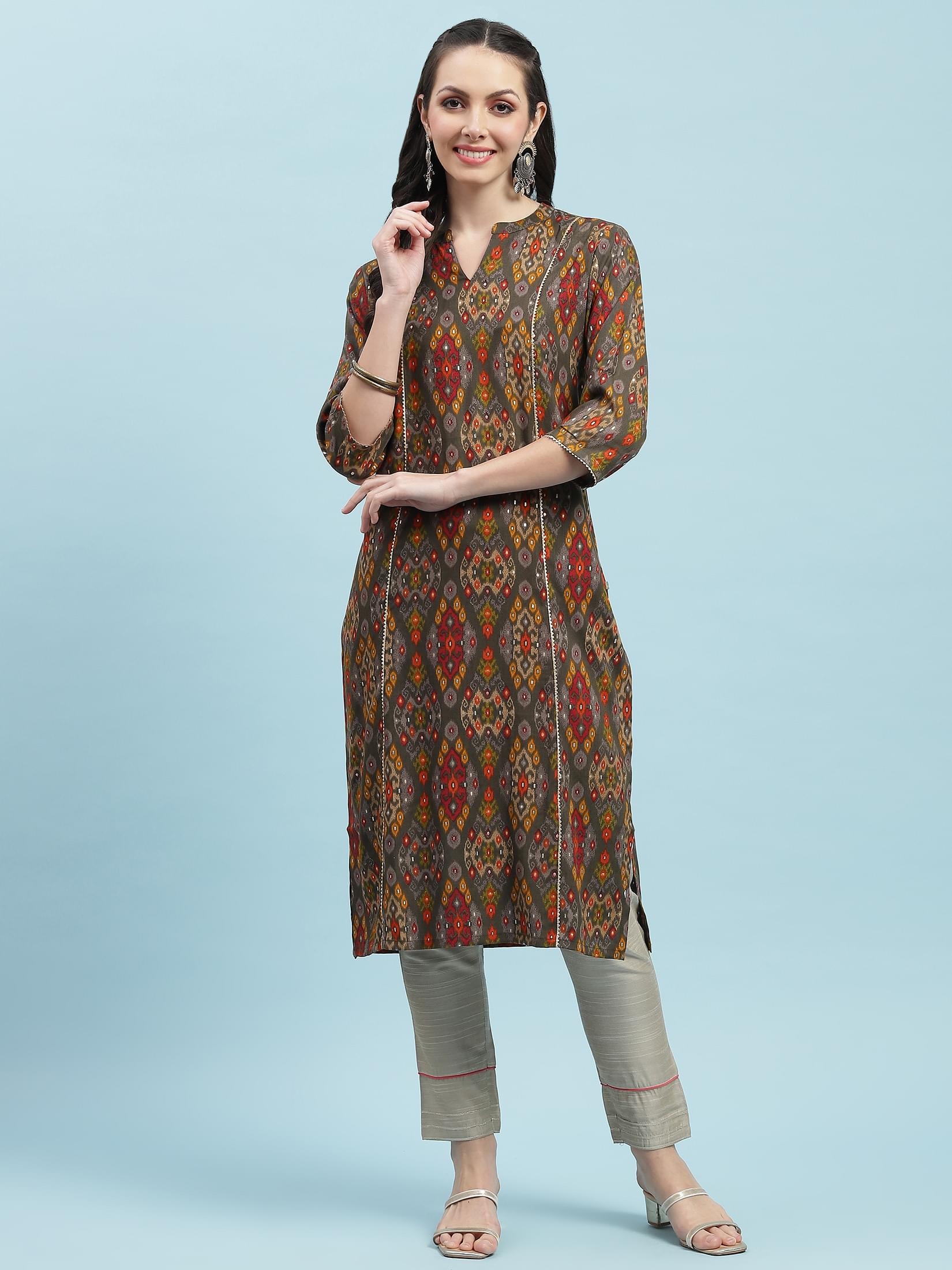 Indiessence (Buy 2 @ 499) Grey Aztec Printed Kurta.
