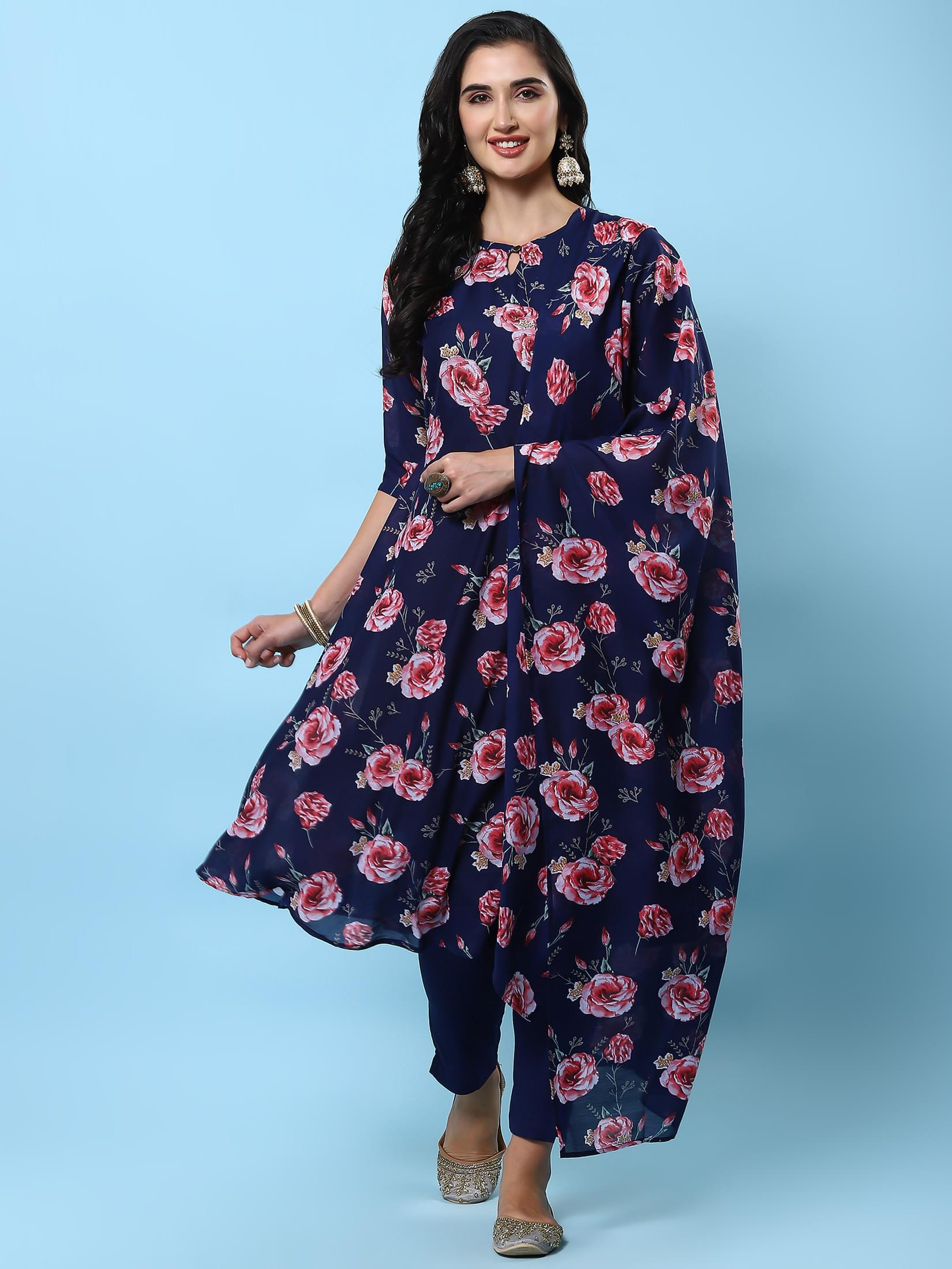 Women Navy Blue Floral Printed Kurta Trouser Dupatta.