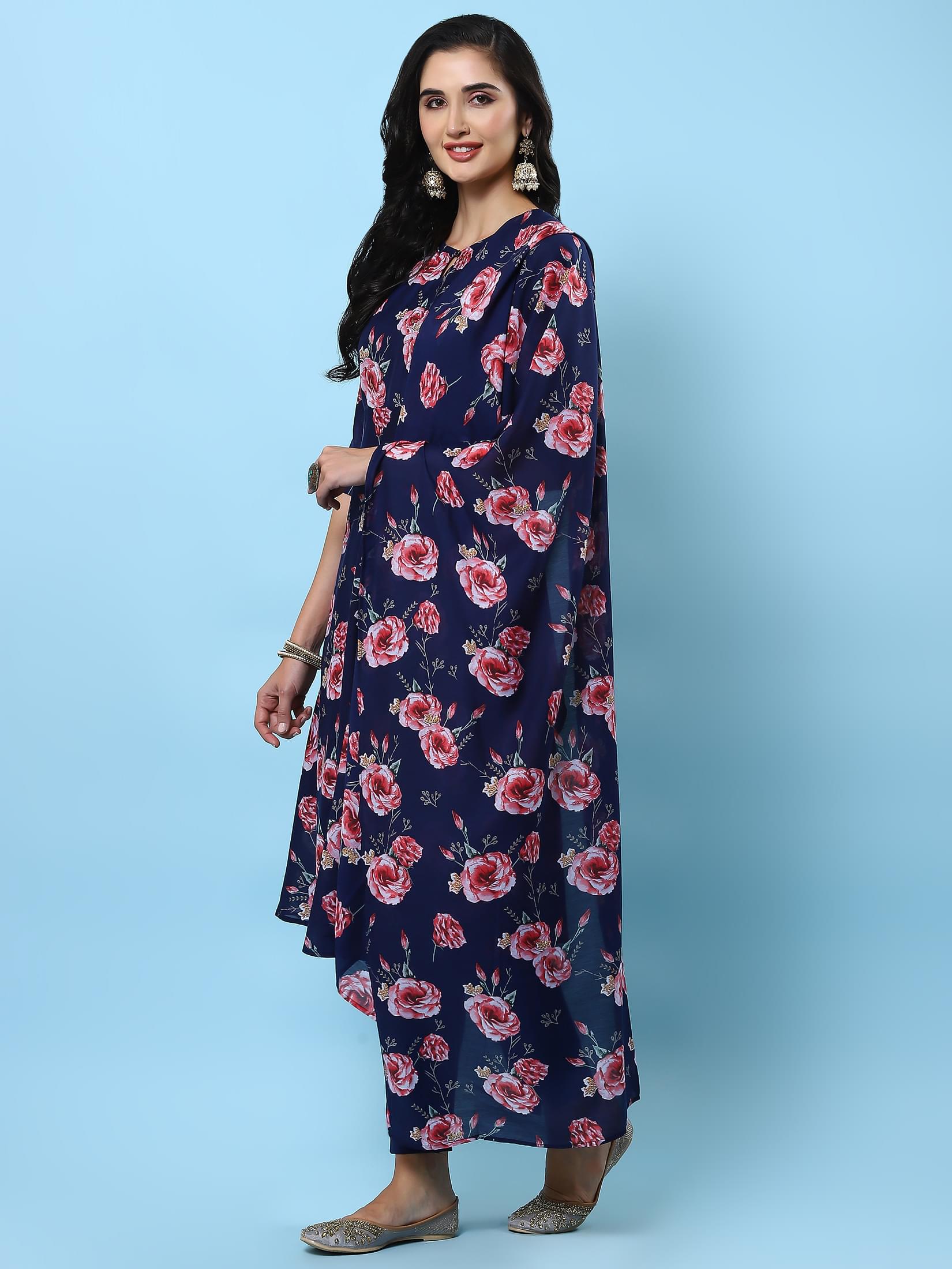 Women Navy Blue Floral Printed Kurta Trouser Dupatta.