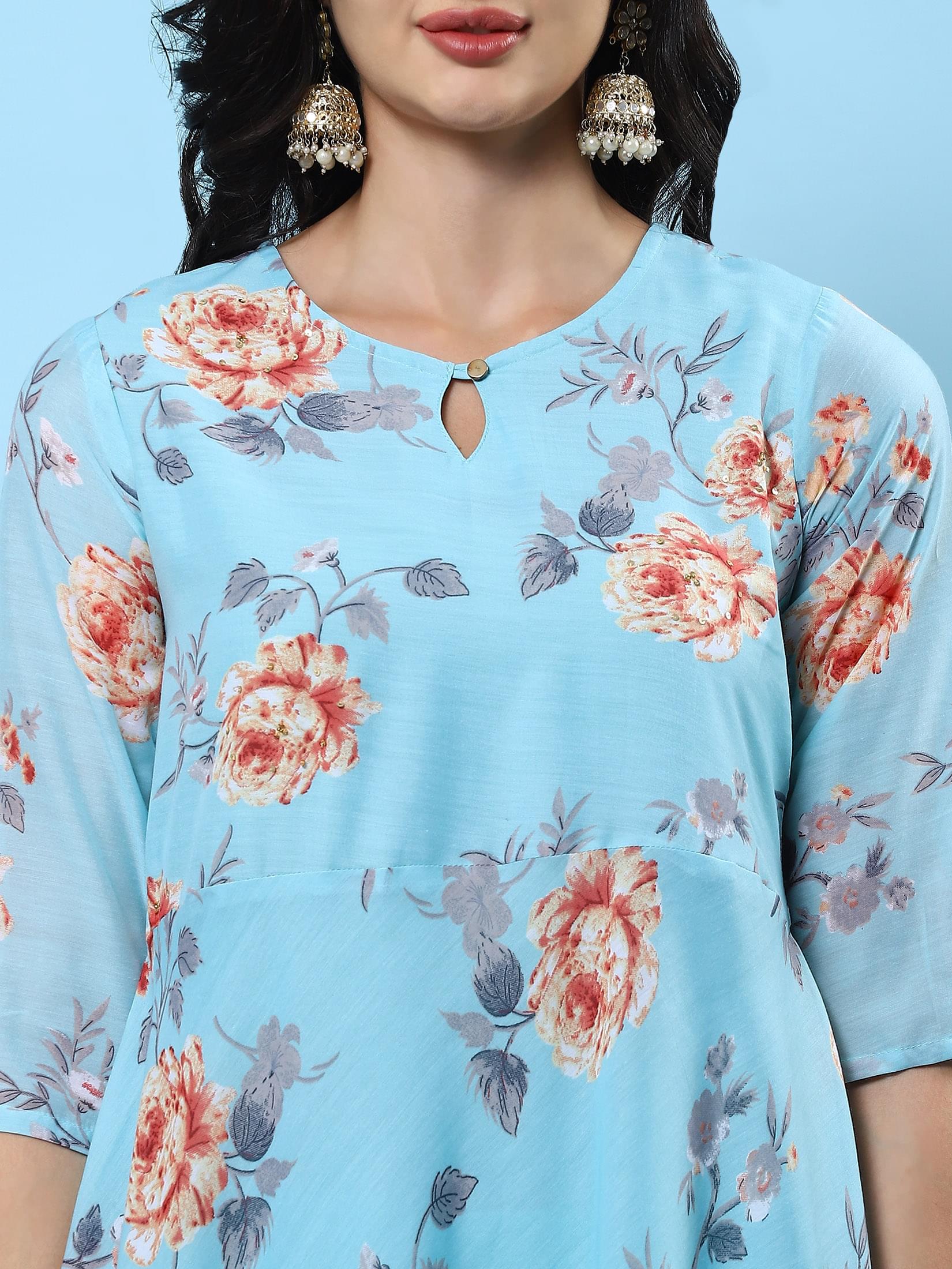 Women Turquoise Blue Floral Printed Kurta Trouser Dupatta.