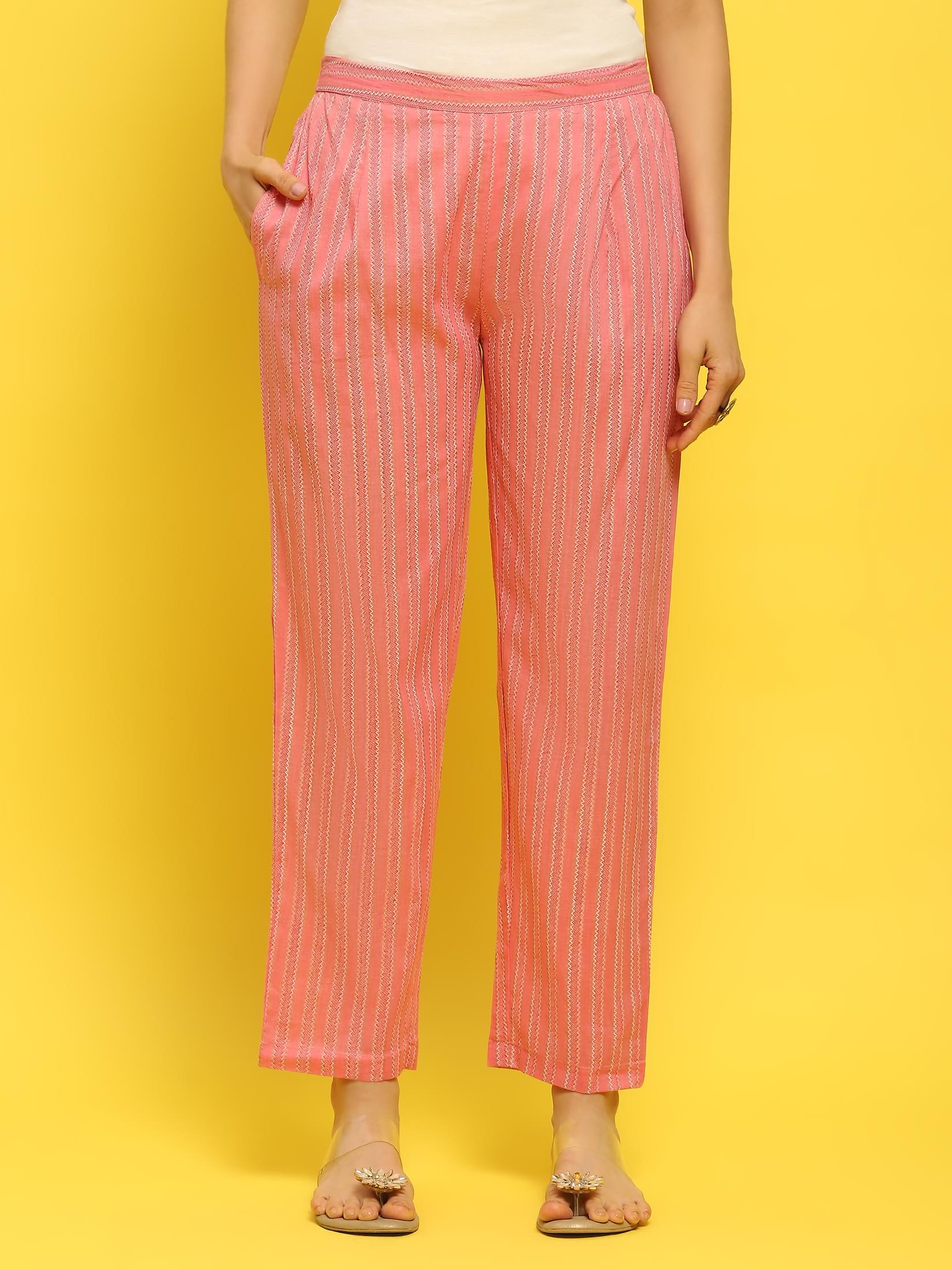 Women Cotton Pink Geometric Print Kurta Trouser Dupatta.