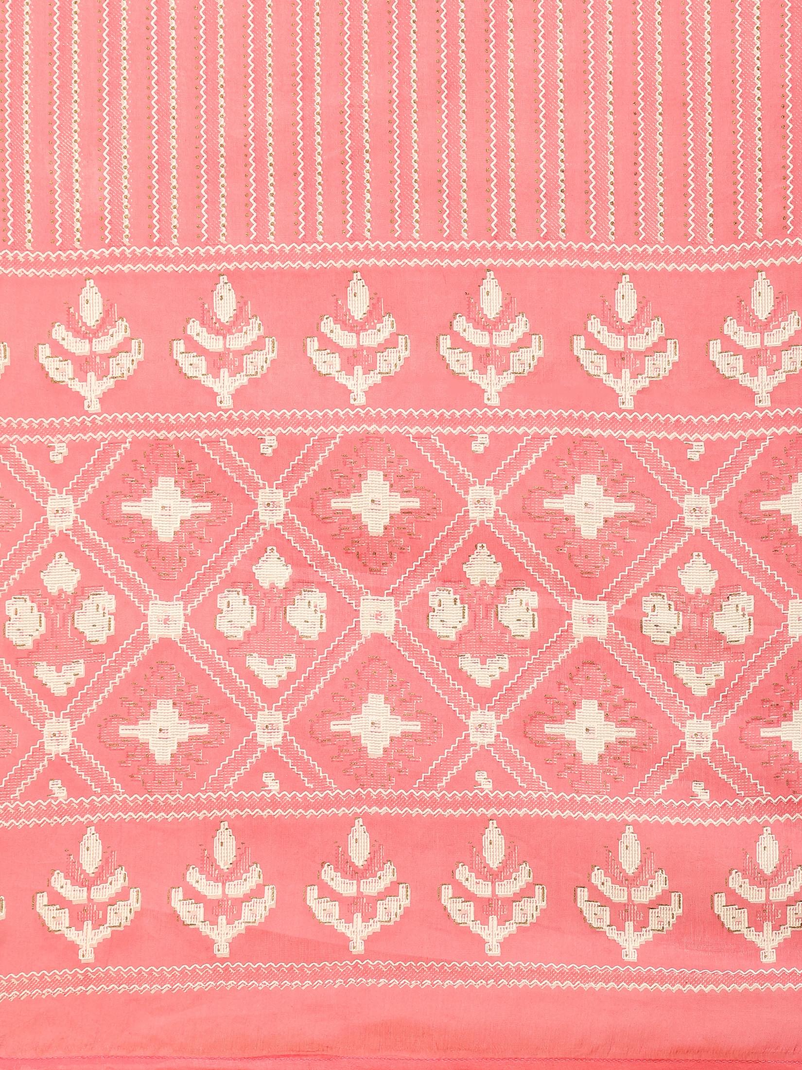 Women Cotton Pink Geometric Print Kurta Trouser Dupatta.