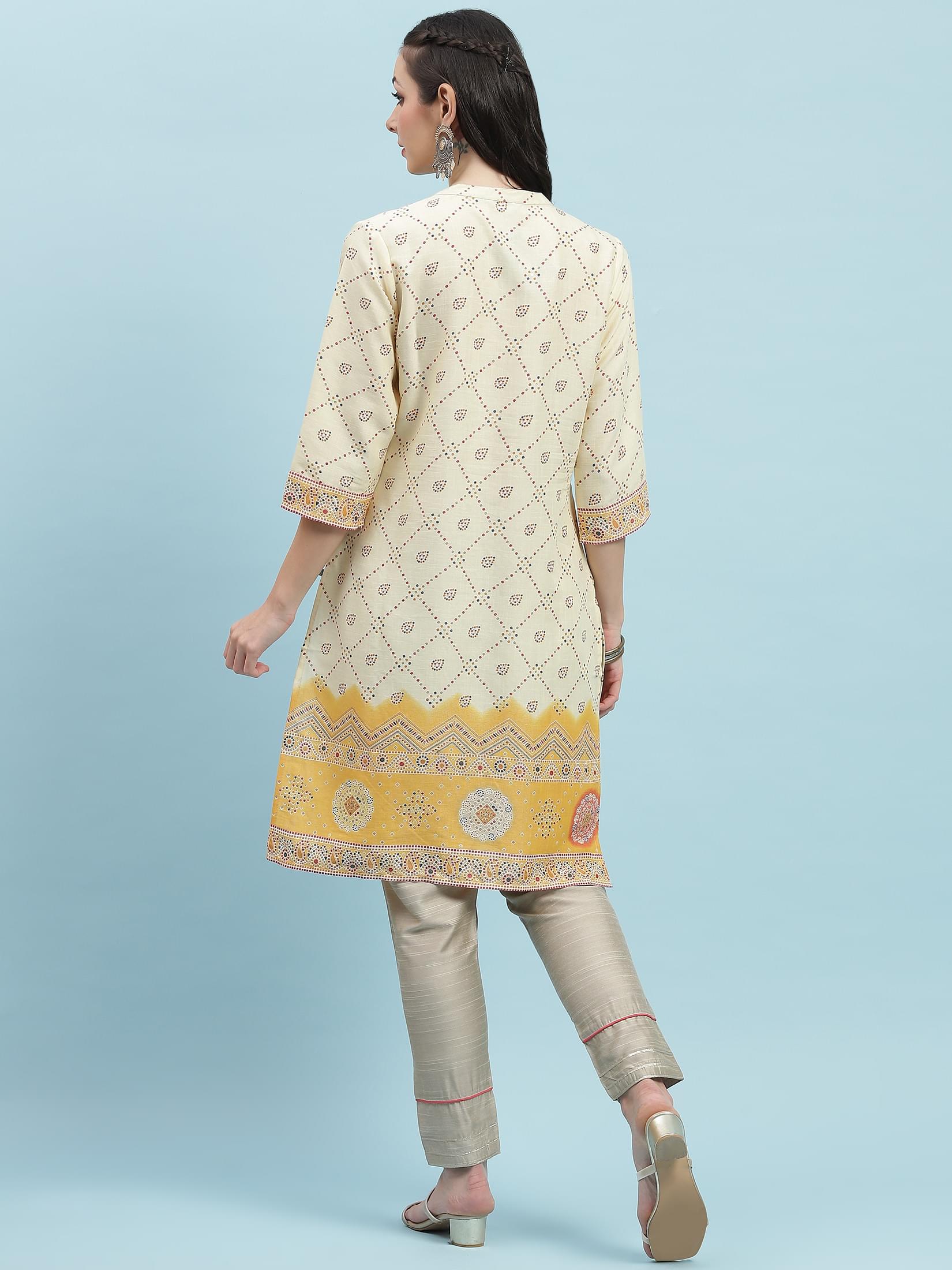 Indiessence (Buy 2 @ 499) Mustard Ornamental Printed Kurta.
