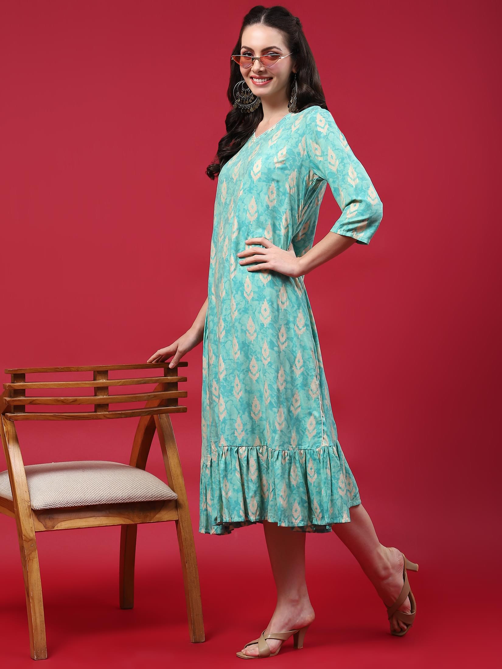 Women Teal Ikat Printed Dress.
