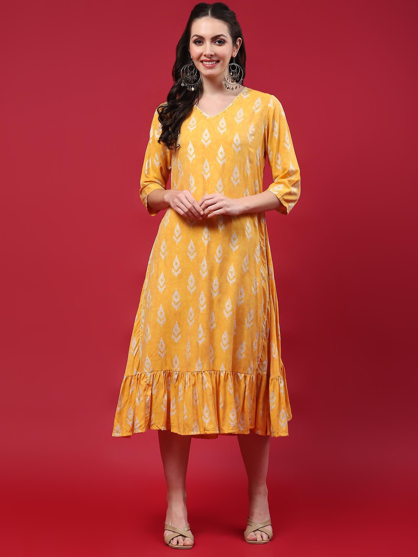 Women Yellow Ikat Printed Dress.