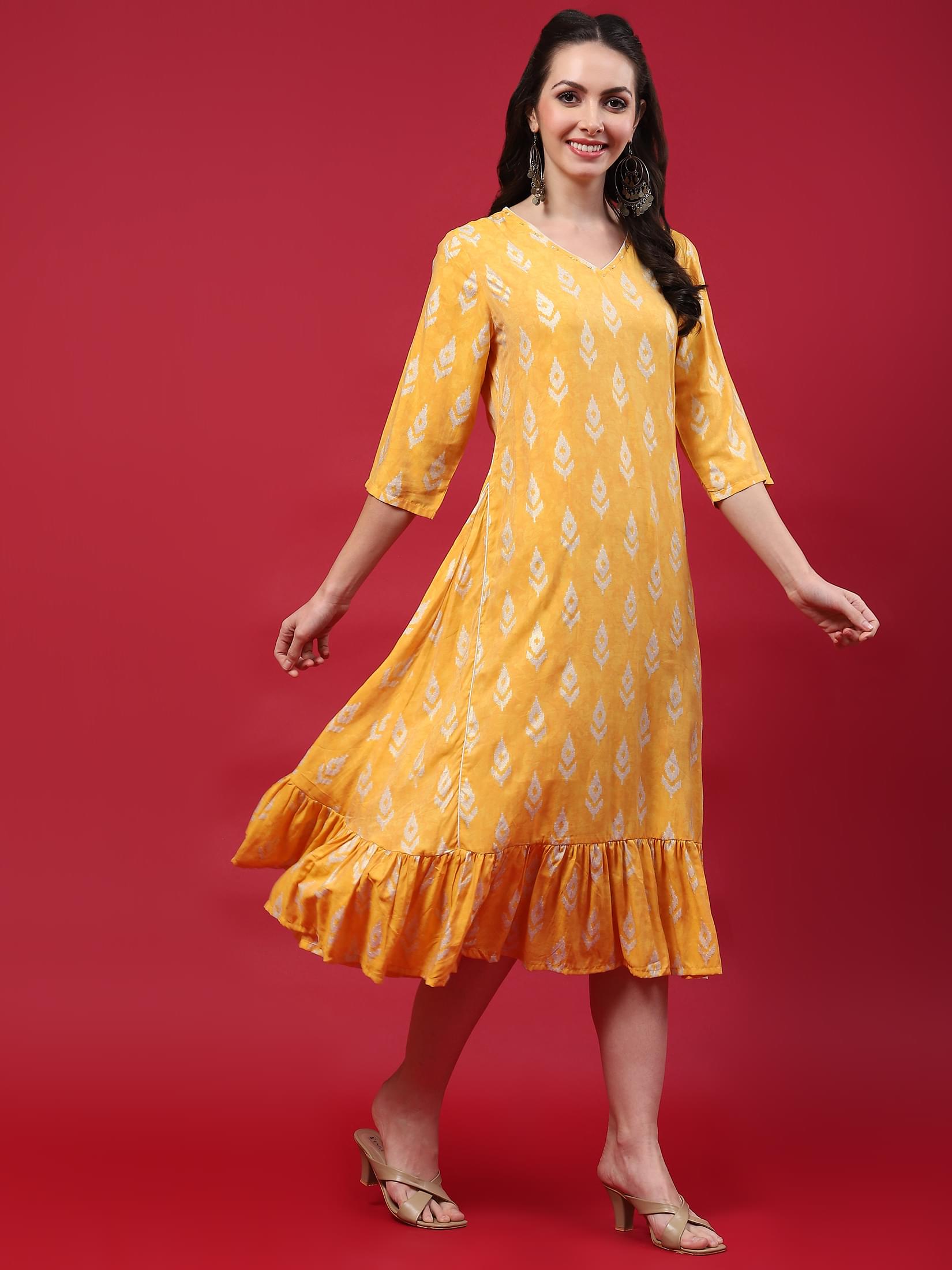 Women Yellow Ikat Printed Dress.
